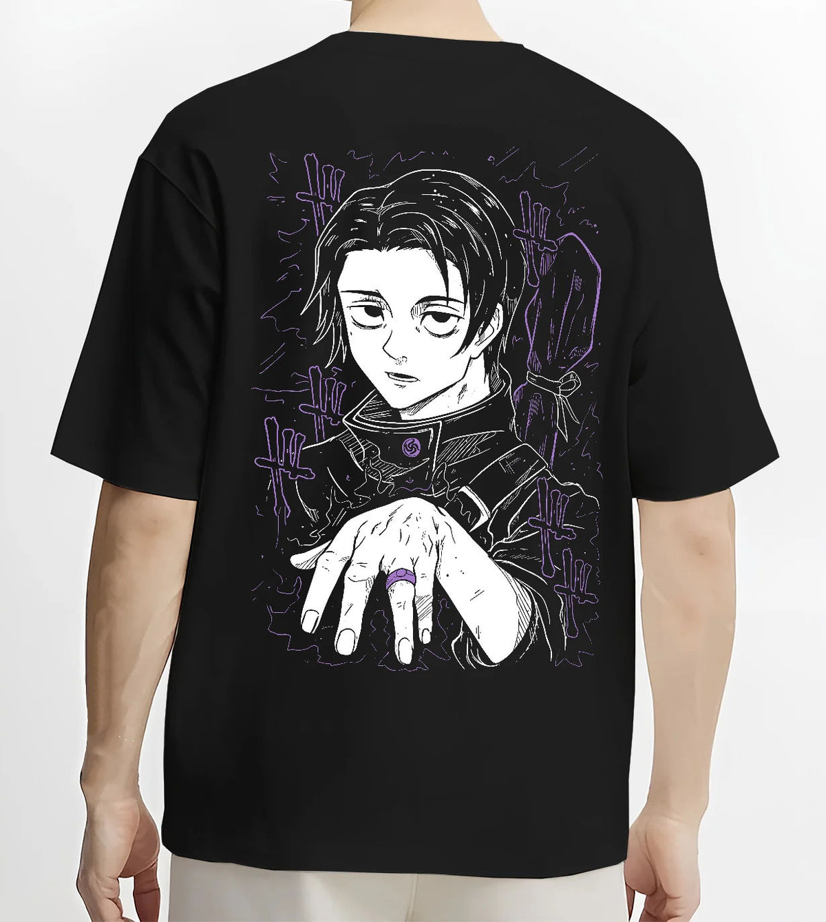 Black T-shirt model back view showing Yuta Okkotsu from Jujutsu Kaisen: hand-forward manga portrait