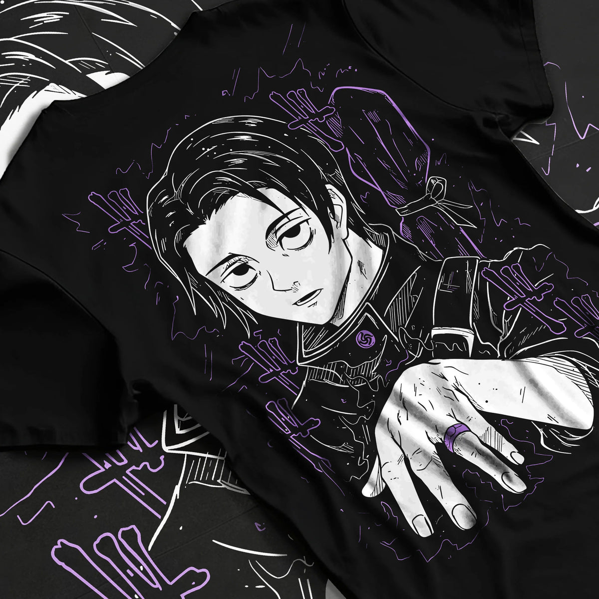 Black T-shirt flat back view showing Yuta Okkotsu from Jujutsu Kaisen: hand-forward manga portrait
