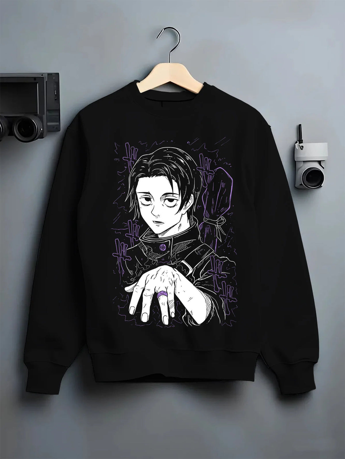 Black crewneck sweatshirt on hanger showing Yuta Okkotsu from Jujutsu Kaisen: hand-forward manga portrait