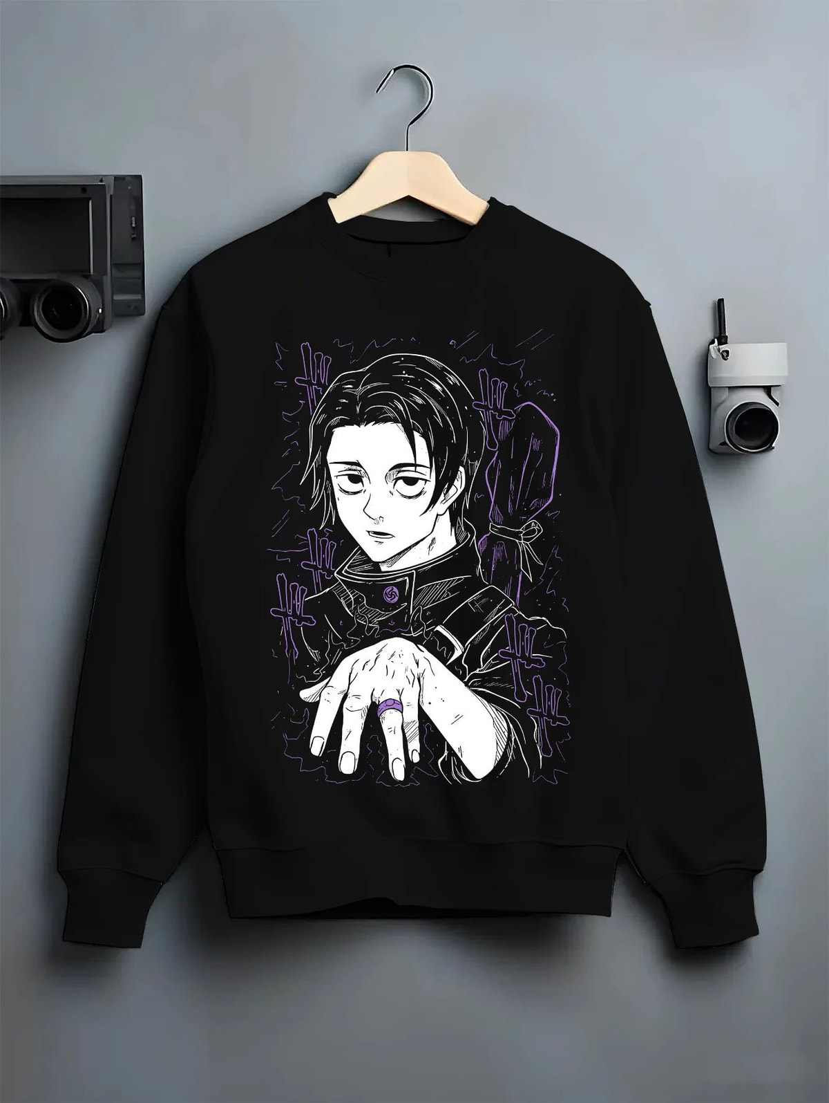Black crewneck sweatshirt on hanger showing Yuta Okkotsu from Jujutsu Kaisen: hand-forward manga portrait