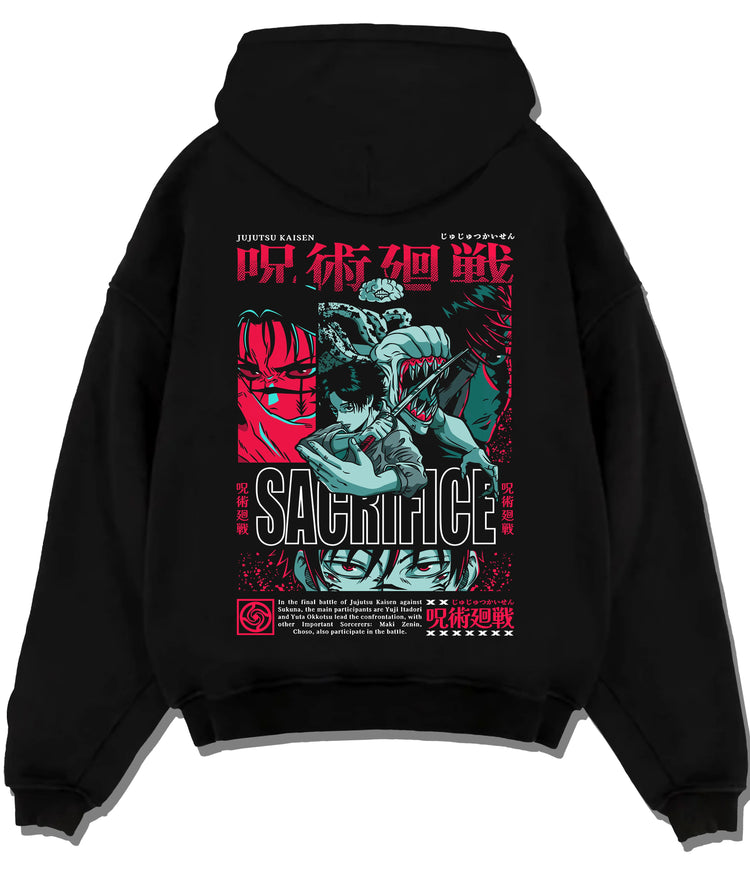 Black hoodie flat back view with Yuta Okkotsu / Jujutsu Kaisen sacrifice collage illustrated back graphic