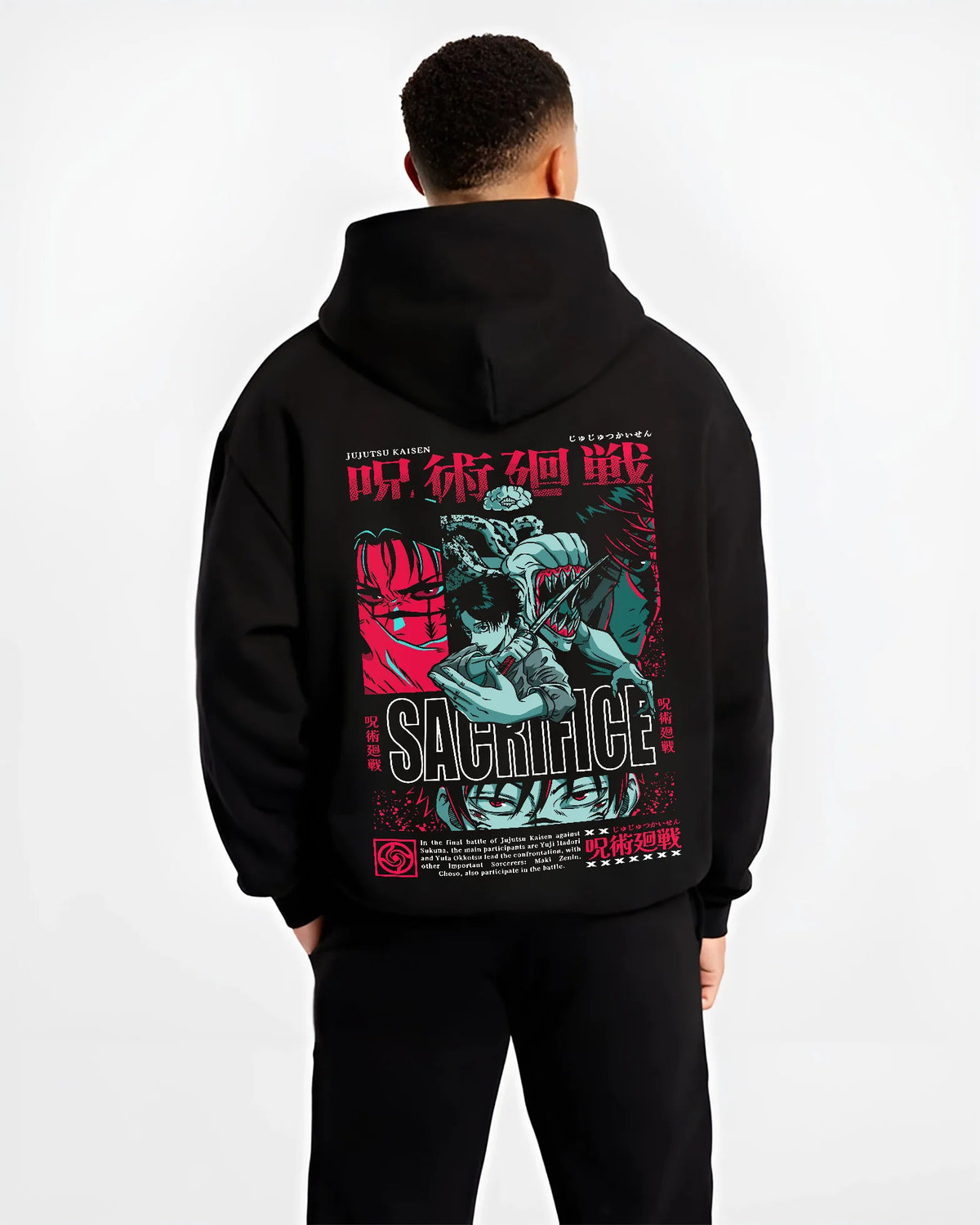 Black hoodie model back view with Yuta Okkotsu / Jujutsu Kaisen sacrifice collage illustrated back graphic