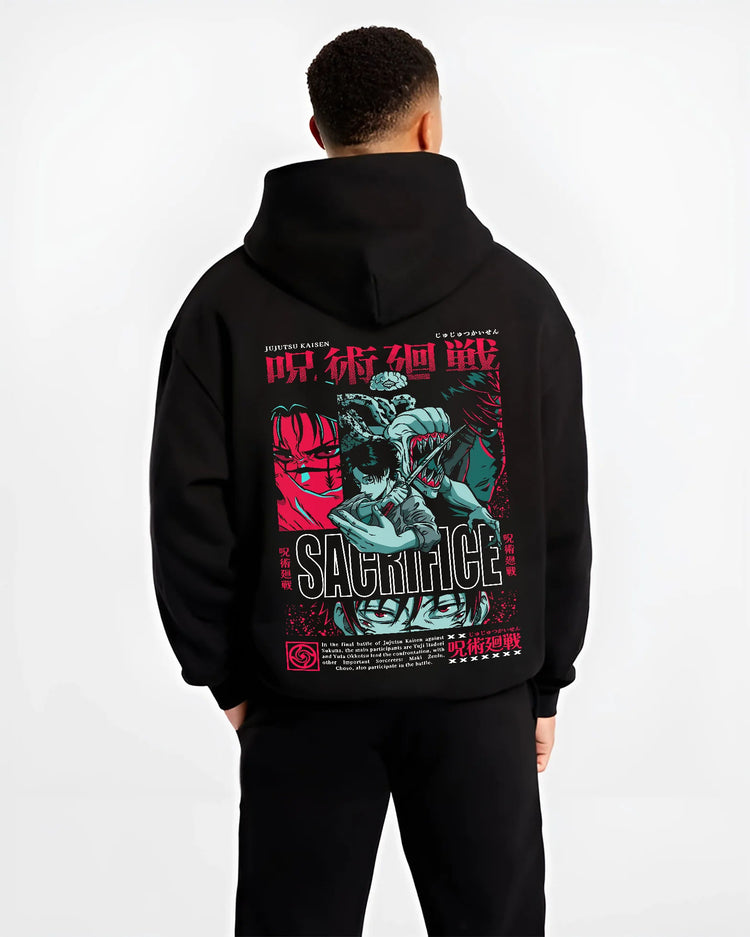 Black hoodie model back view with Yuta Okkotsu / Jujutsu Kaisen sacrifice collage illustrated back graphic