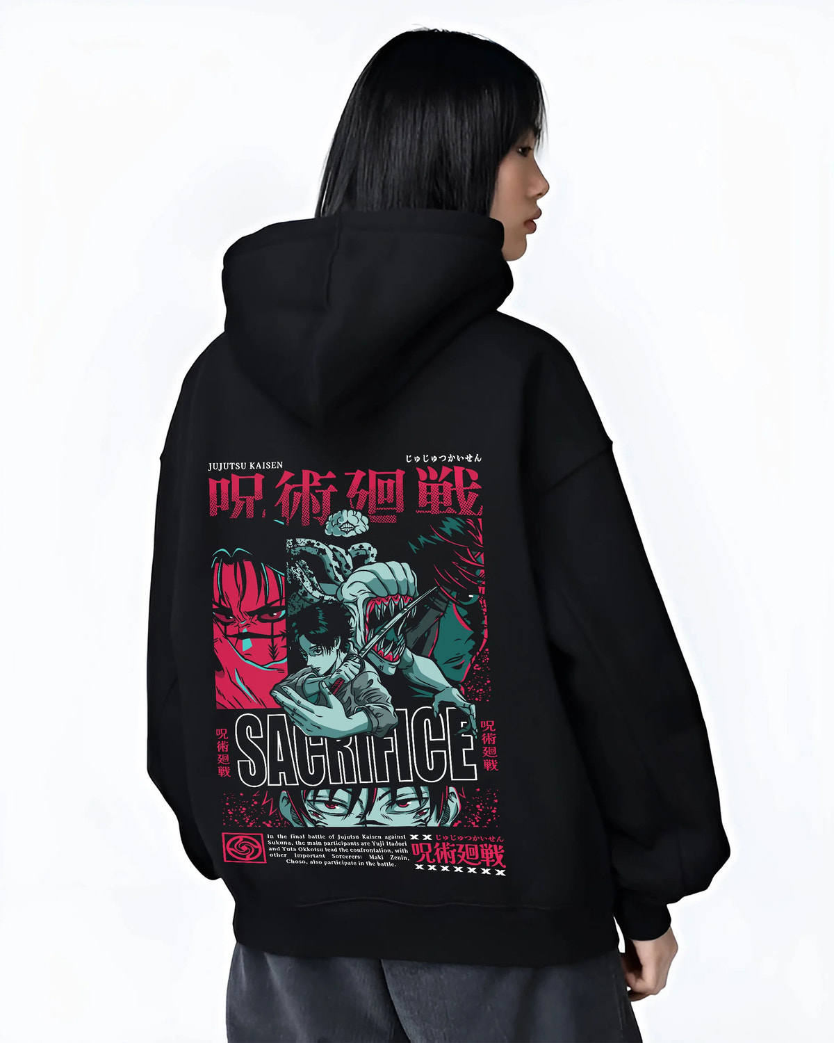 Black hoodie female model back view with Yuta Okkotsu / Jujutsu Kaisen sacrifice collage illustrated back graphic