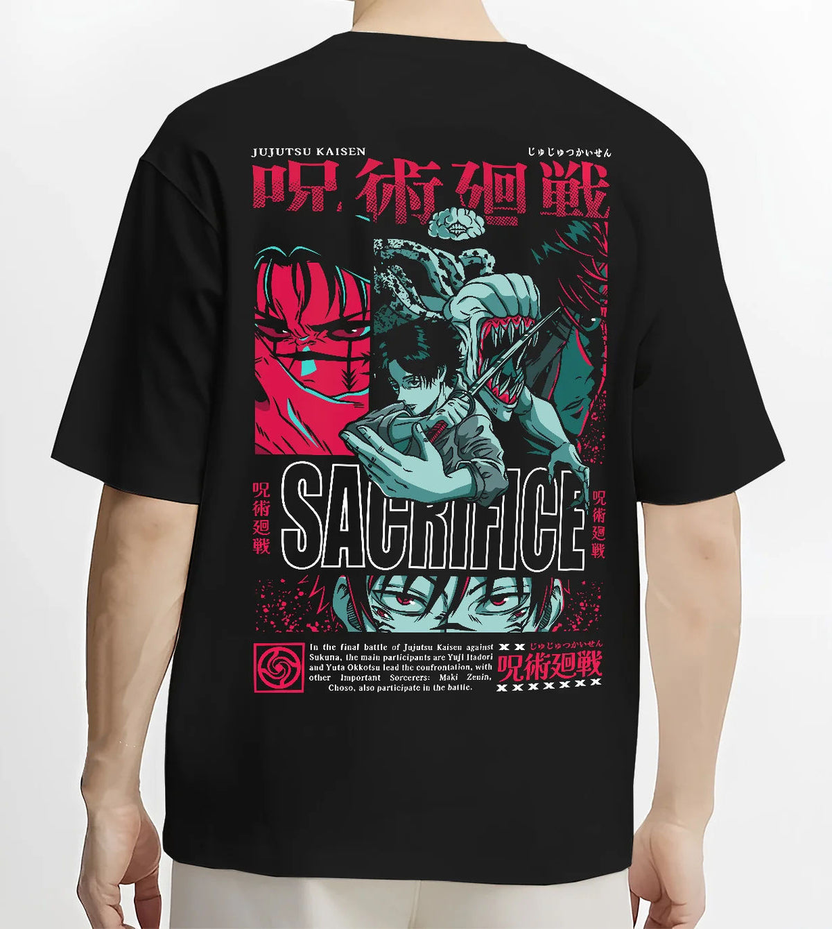 Black T-shirt model back view with Yuta Okkotsu / Jujutsu Kaisen sacrifice collage illustrated back graphic