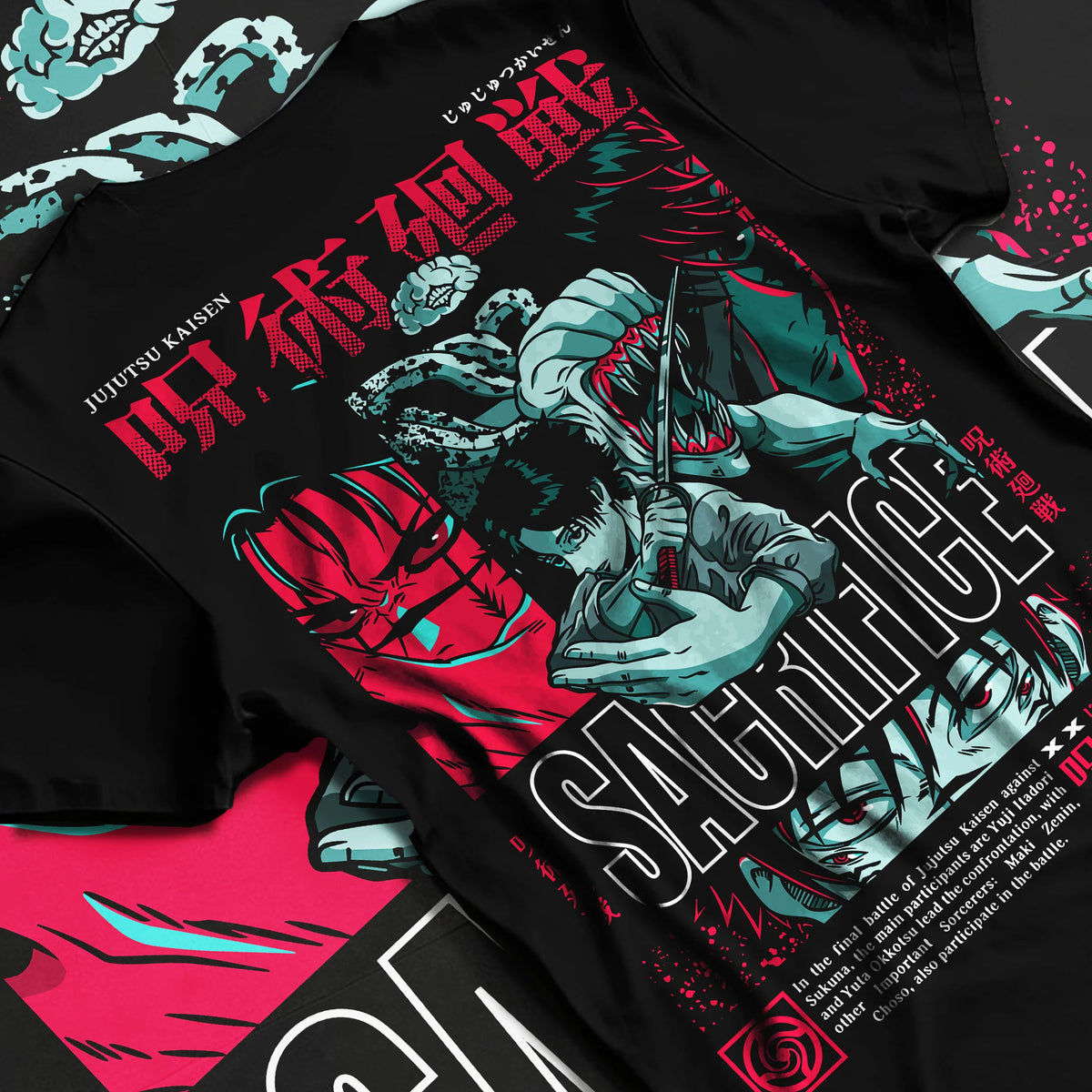 Black T-shirt flat back view with Yuta Okkotsu / Jujutsu Kaisen sacrifice collage illustrated back graphic