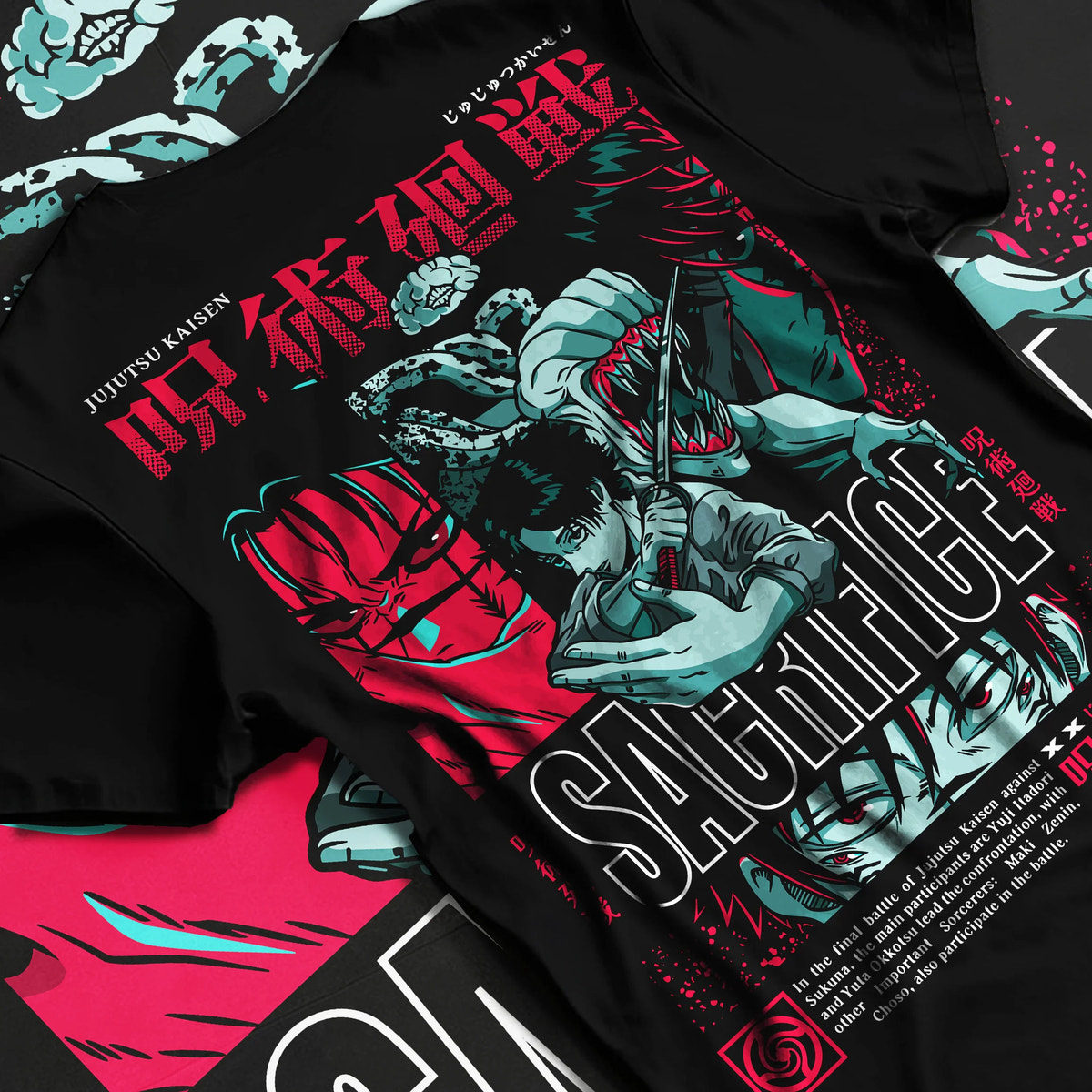 Black T-shirt flat back view with Yuta Okkotsu / Jujutsu Kaisen sacrifice collage illustrated back graphic