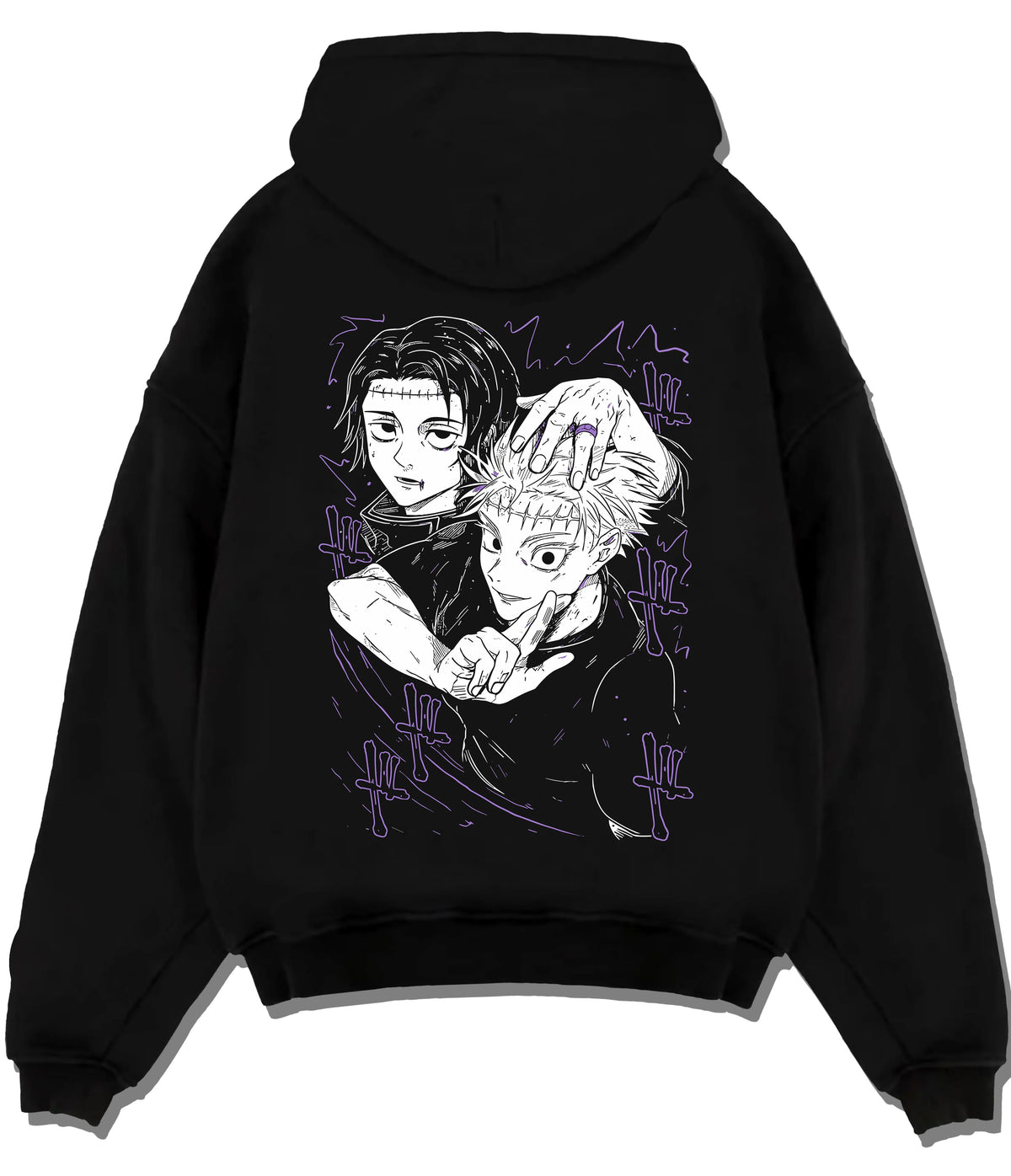 Black hoodie flat back view showing Yuta Okkotsu and Satoru Gojo from Jujutsu Kaisen: black-and-white manga panel