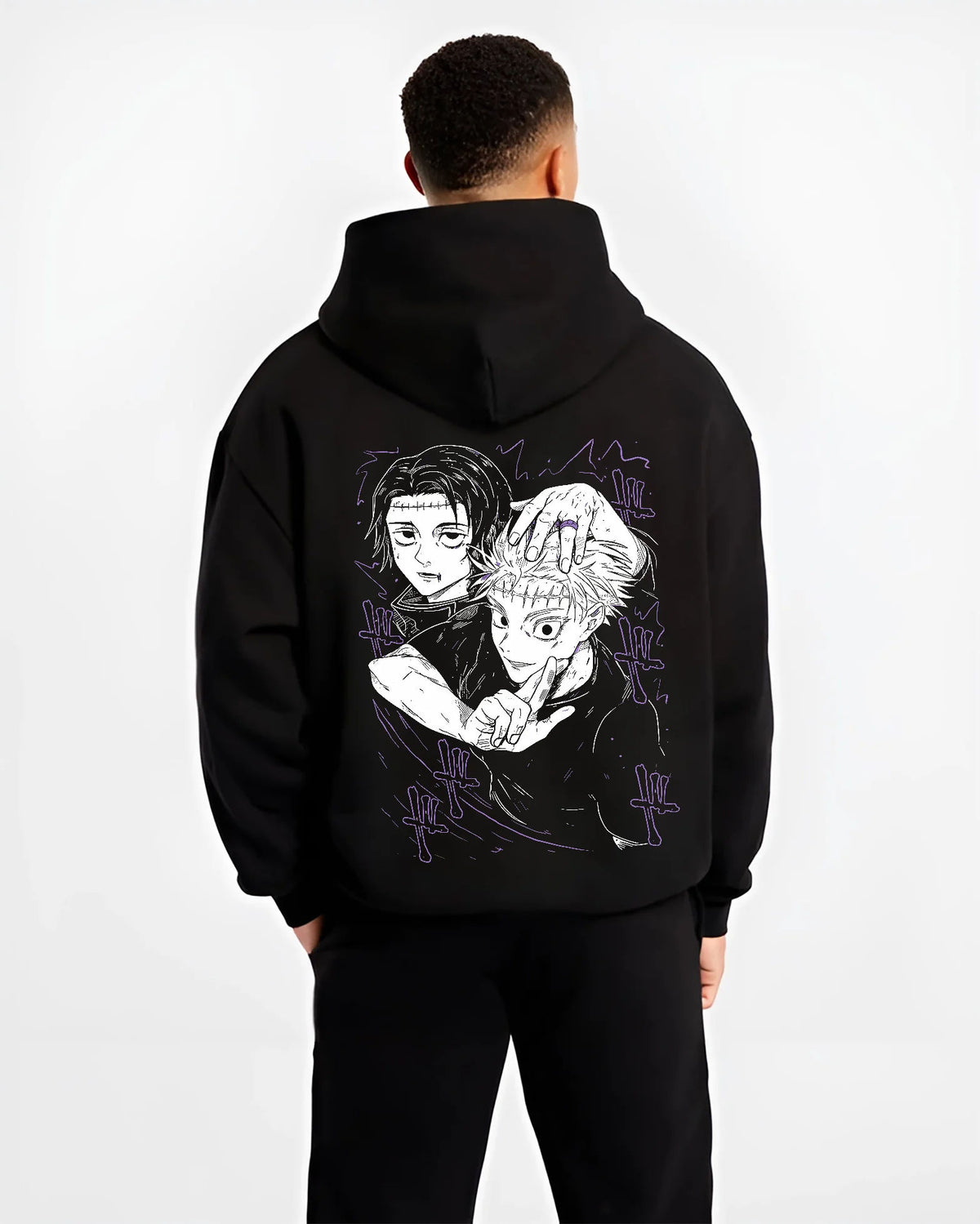 Black hoodie model back view showing Yuta Okkotsu and Satoru Gojo from Jujutsu Kaisen: black-and-white manga panel