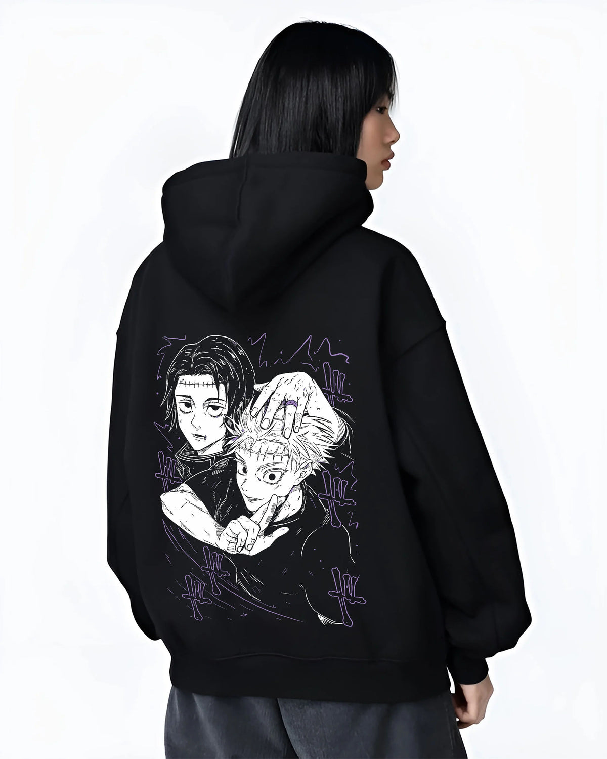 Black hoodie female model back view showing Yuta Okkotsu and Satoru Gojo from Jujutsu Kaisen: black-and-white manga panel