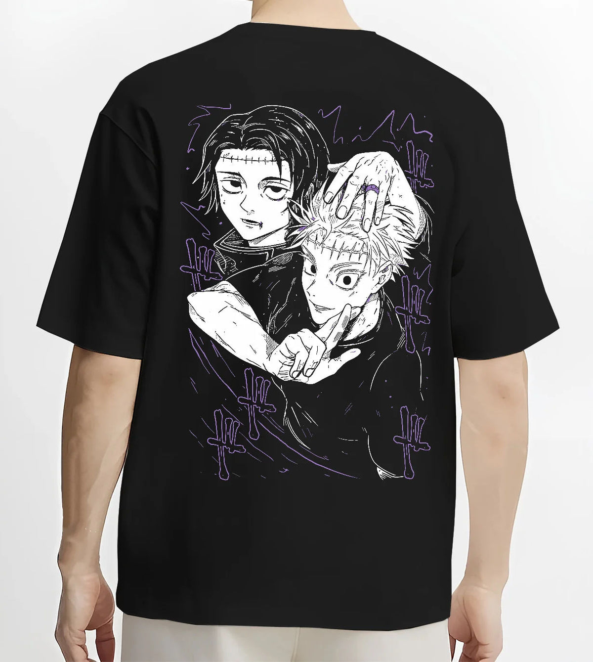 Black T-shirt model back view showing Yuta Okkotsu and Satoru Gojo from Jujutsu Kaisen: black-and-white manga panel