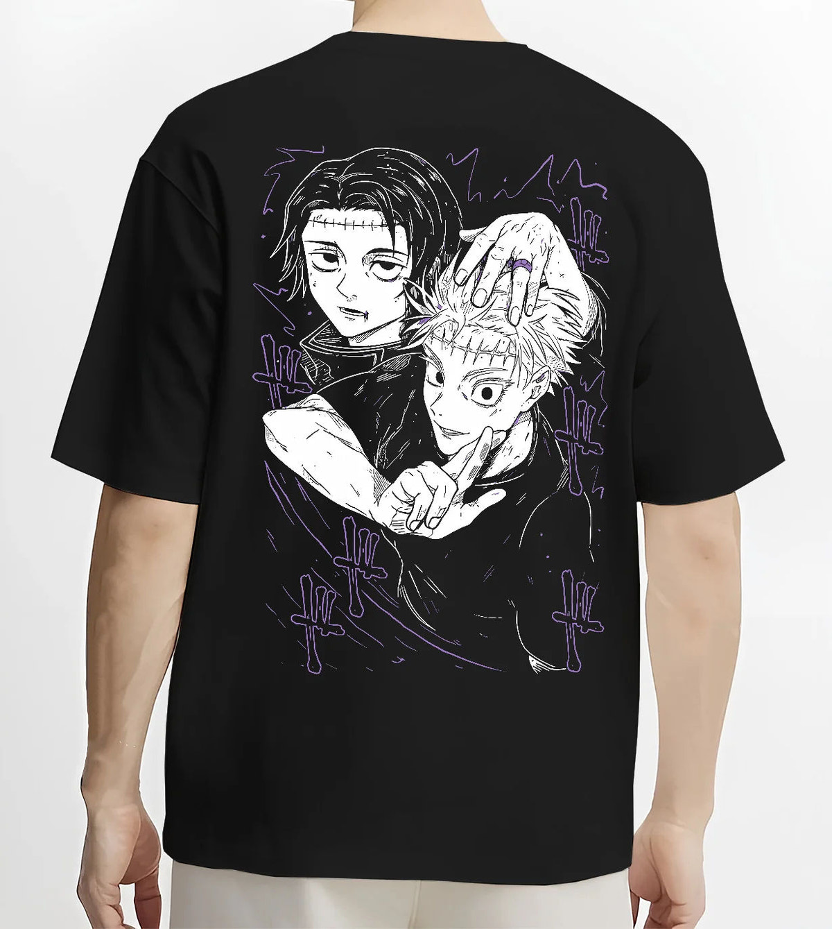 Black T-shirt model back view showing Yuta Okkotsu and Satoru Gojo from Jujutsu Kaisen: black-and-white manga panel