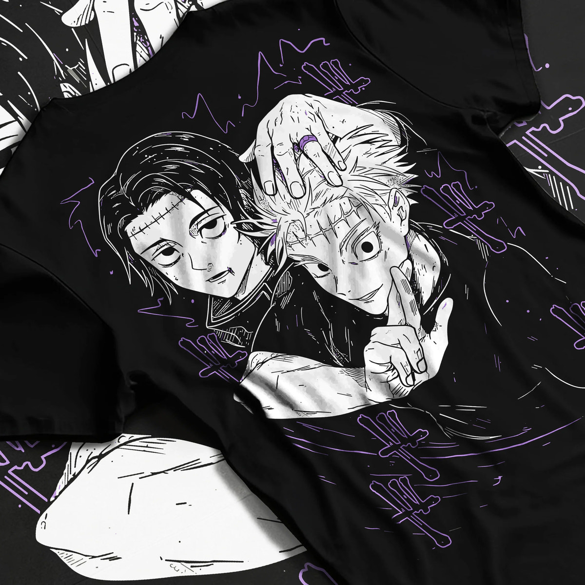 Black T-shirt flat back view showing Yuta Okkotsu and Satoru Gojo from Jujutsu Kaisen: black-and-white manga panel
