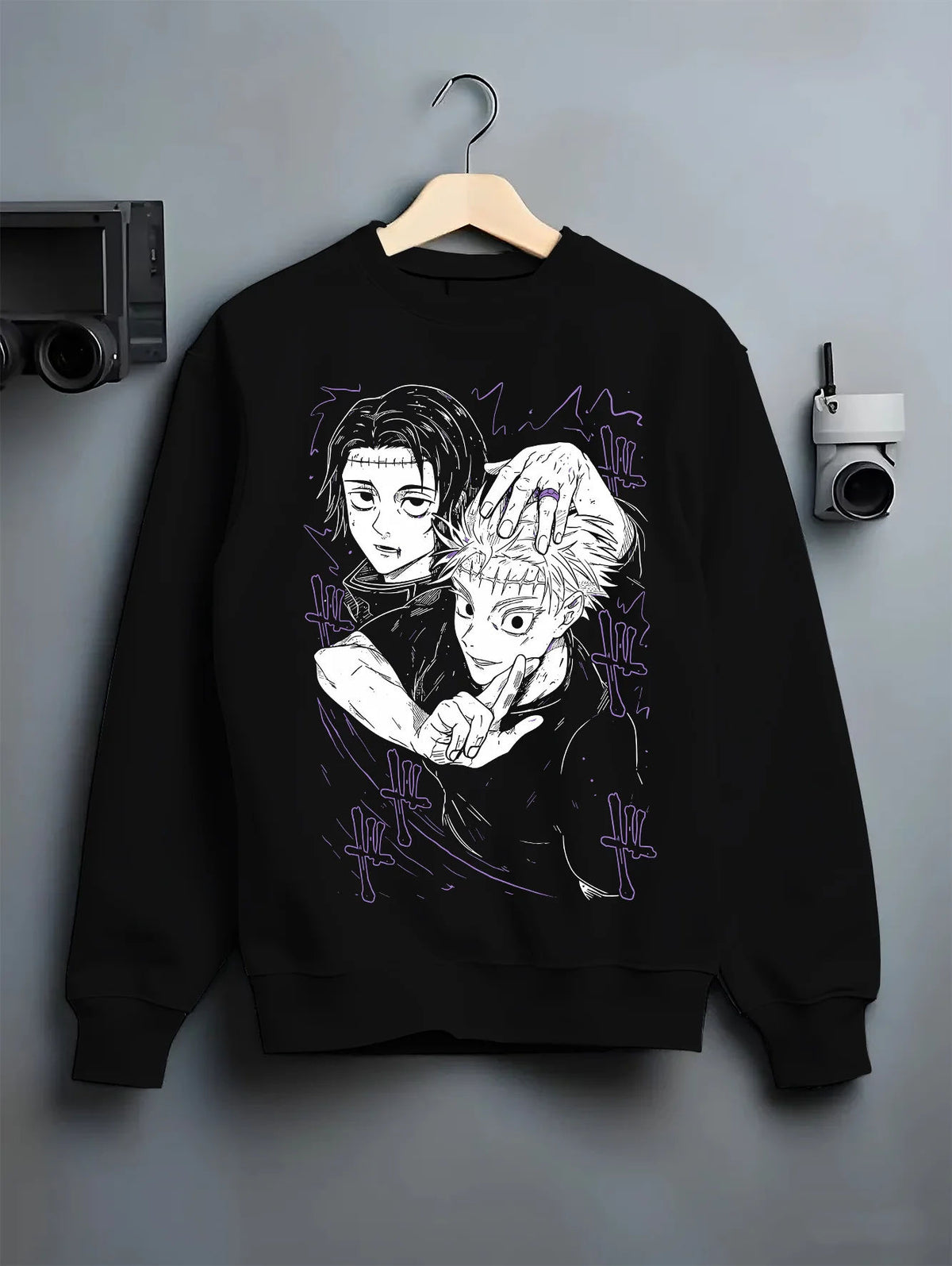 Black crewneck sweatshirt on hanger showing Yuta Okkotsu and Satoru Gojo from Jujutsu Kaisen: black-and-white manga panel