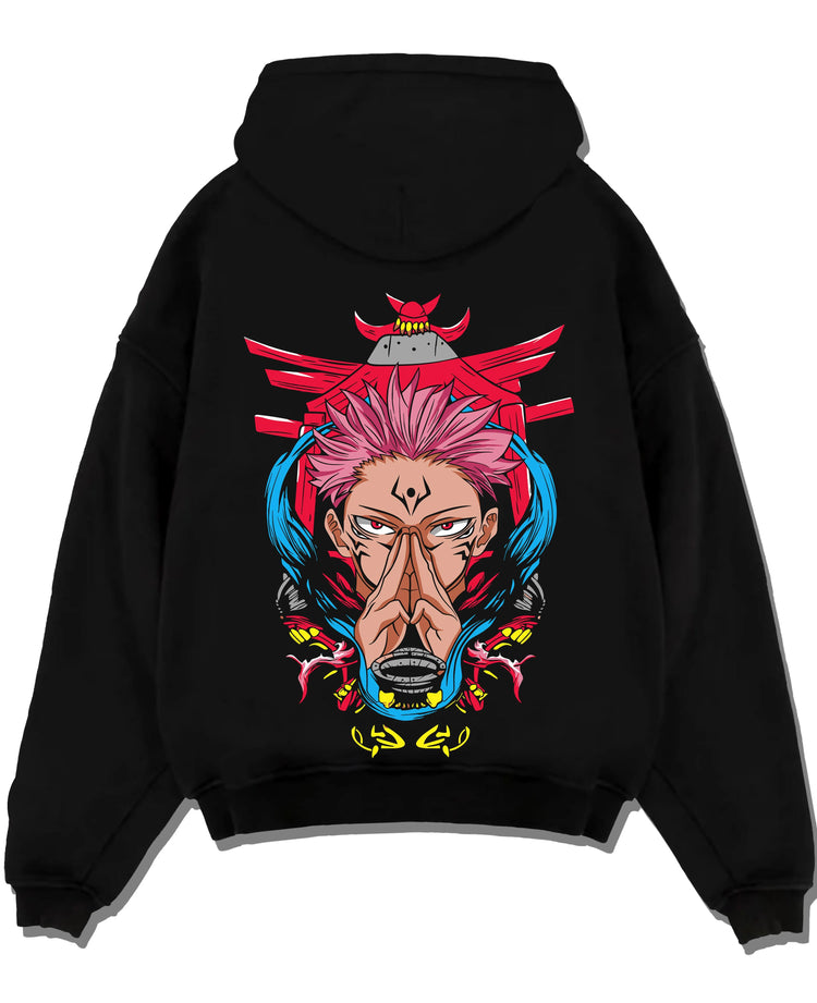 Black pullover hoodie laid flat with Yuta Okkotsu Hoodie Jujutsu Kaisen Spirit Technique graphic premium wear.