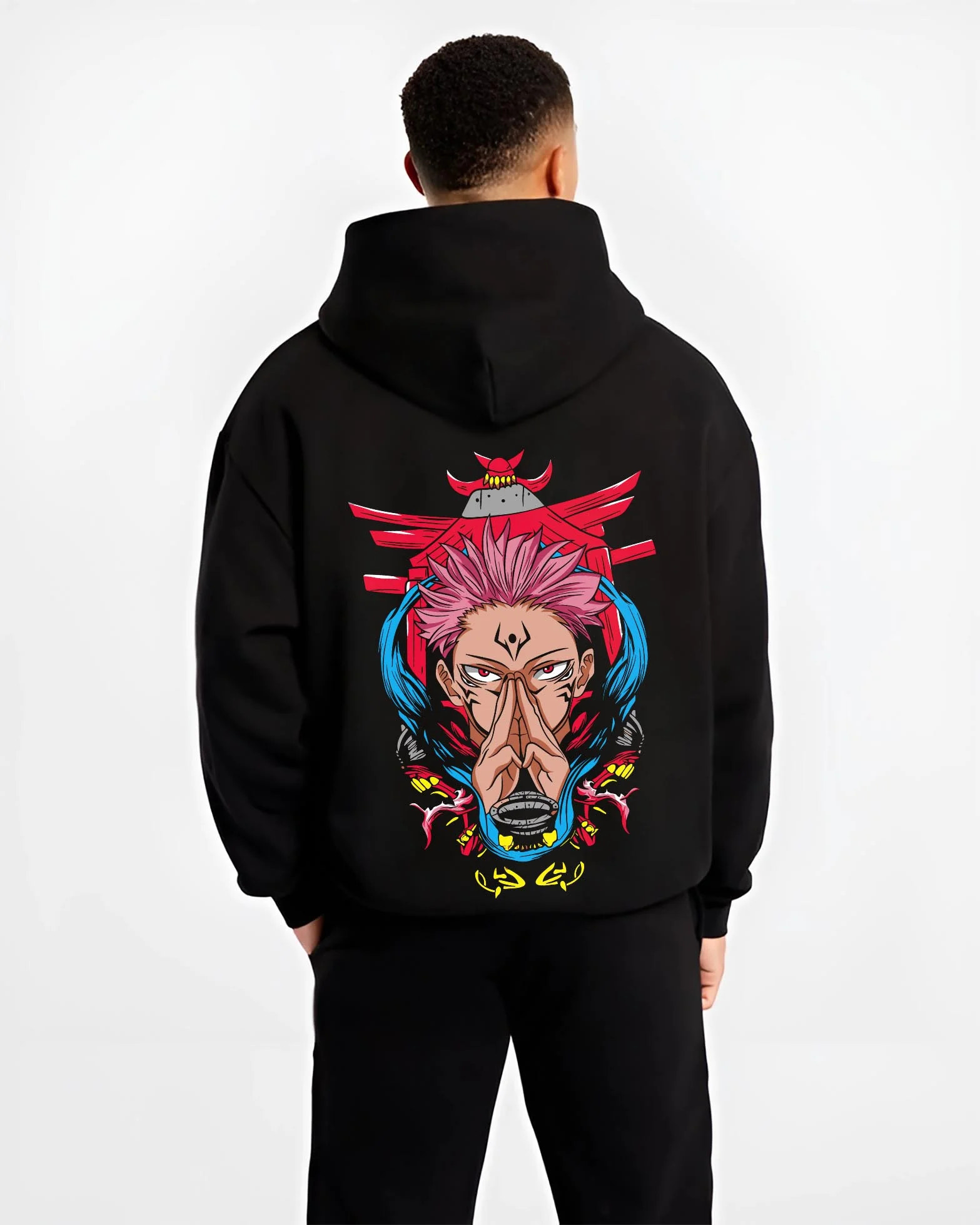 Black hoodie worn by male model, back view with Yuta Okkotsu Hoodie Jujutsu Kaisen Spirit Technique graphic streetwear graphic.