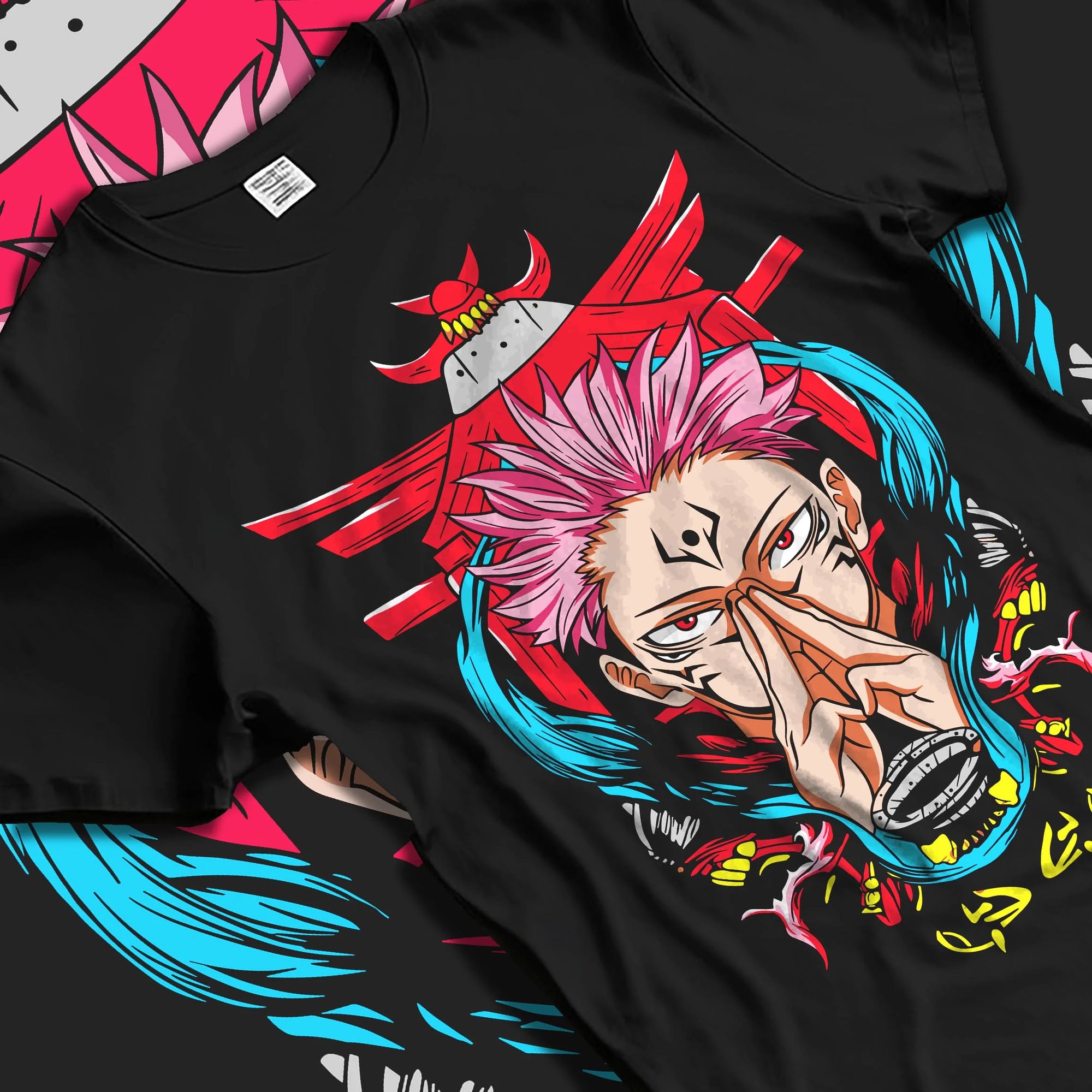 Black T-shirt laid flat with natural folds with Yuta Okkotsu Hoodie Jujutsu Kaisen Spirit Technique graphic premium wear.