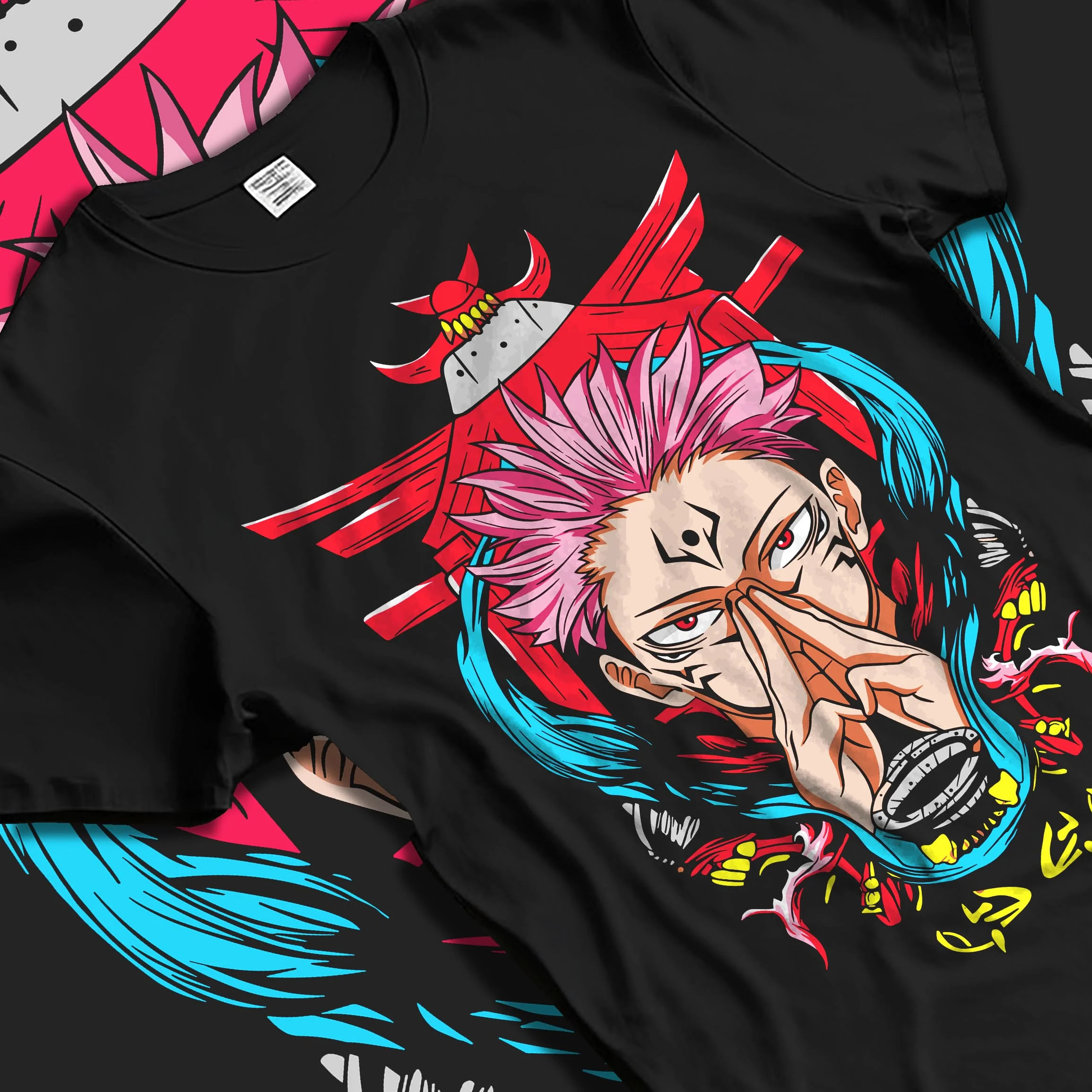 Black T-shirt laid flat with natural folds with Yuta Okkotsu Hoodie Jujutsu Kaisen Spirit Technique graphic premium wear.