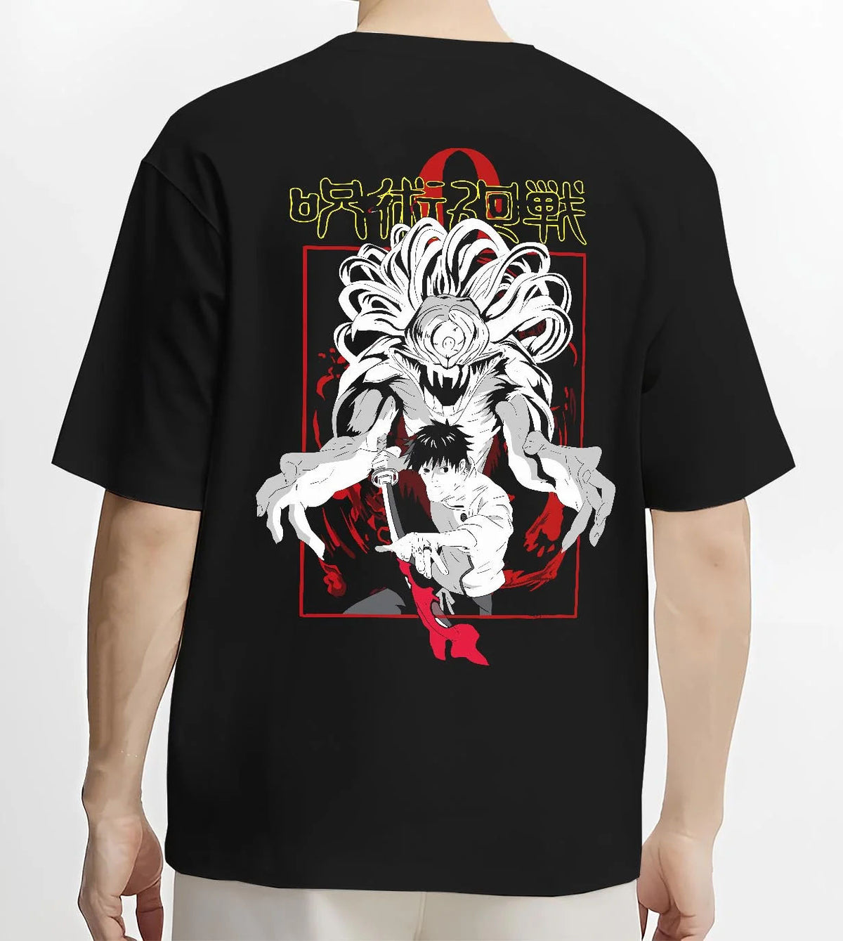 Black T-shirt worn by male model from the back featuring Yuta Okkotsu Special Grade with Rika Jujutsu Kaisen artwork.