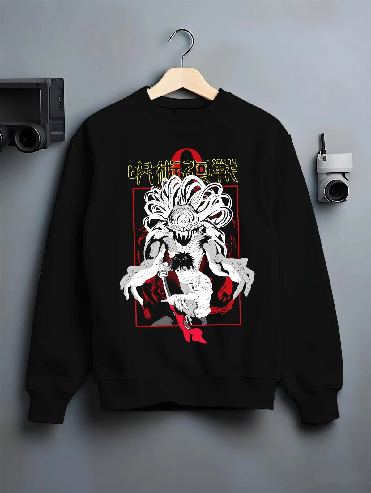 Black crewneck sweatshirt on hanger featuring Yuta Okkotsu Special Grade with Rika Jujutsu Kaisen artwork.