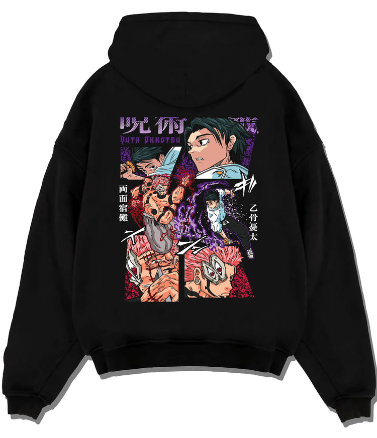 Black hoodie flat back view showing Yuta Okkotsu / Sukuna from Jujutsu Kaisen: Jujutsu Kaisen manga fight collage