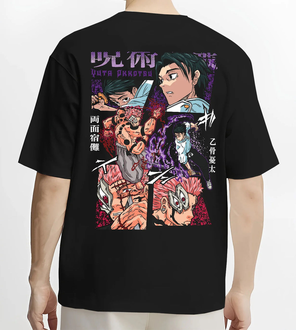 Black T-shirt model back view showing Yuta Okkotsu / Sukuna from Jujutsu Kaisen: Jujutsu Kaisen manga fight collage