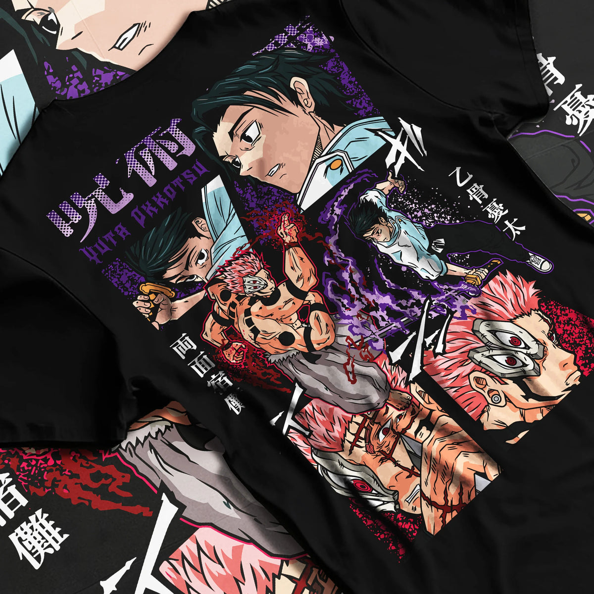Black T-shirt flat back view showing Yuta Okkotsu / Sukuna from Jujutsu Kaisen: Jujutsu Kaisen manga fight collage