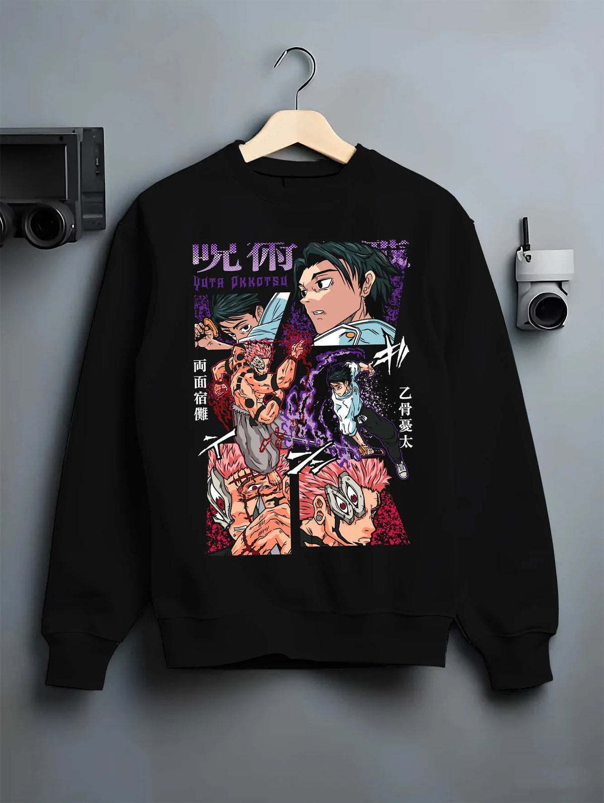Black crewneck sweatshirt on hanger showing Yuta Okkotsu / Sukuna from Jujutsu Kaisen: Jujutsu Kaisen manga fight collage