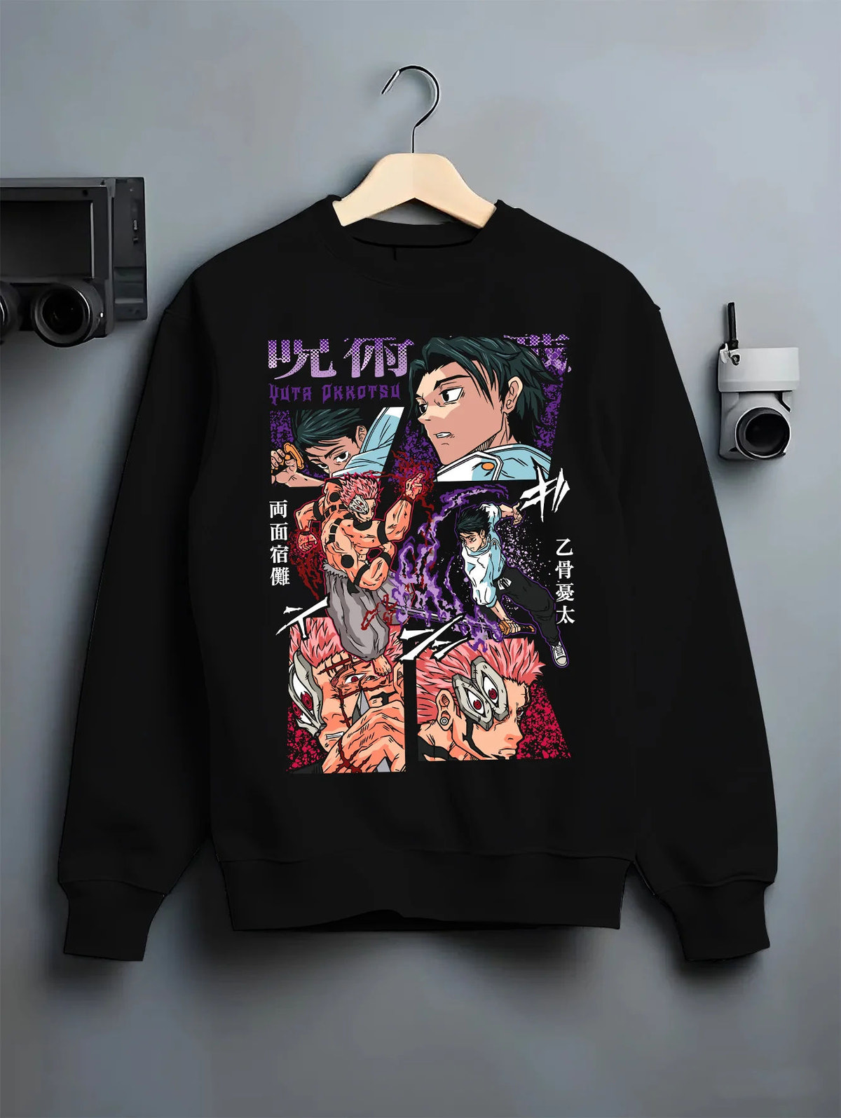 Black crewneck sweatshirt on hanger showing Yuta Okkotsu / Sukuna from Jujutsu Kaisen: Jujutsu Kaisen manga fight collage