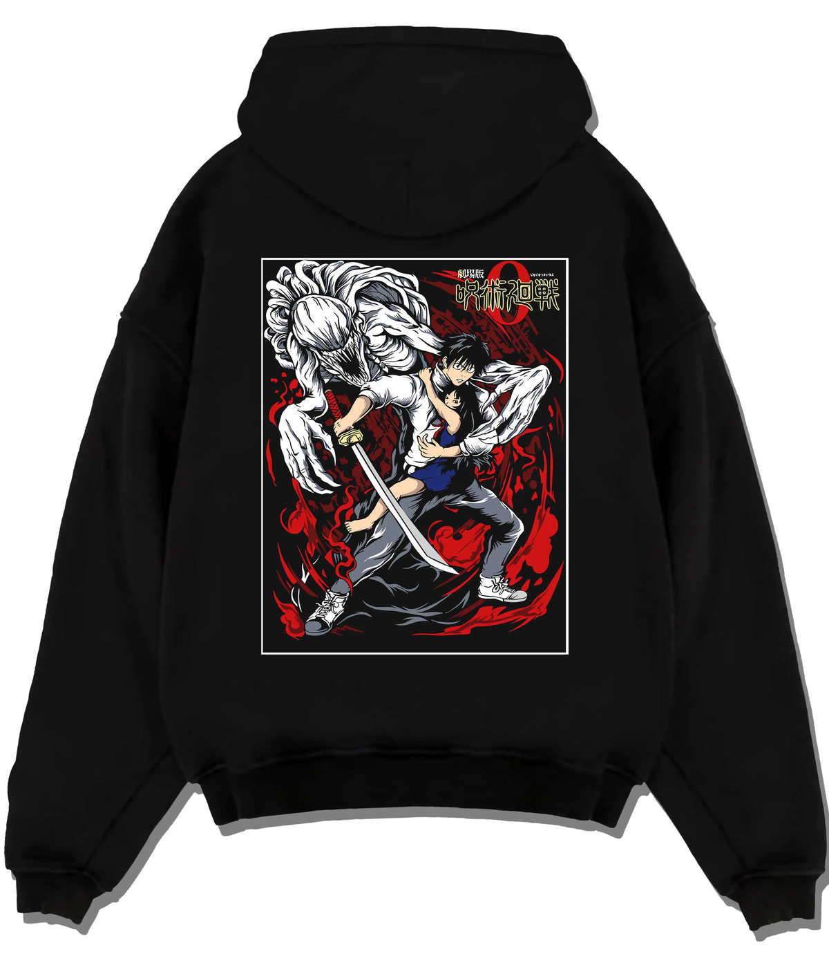 Black hoodie flat back view showing Yuta Okkotsu from Jujutsu Kaisen: black-and-red swordfighter design