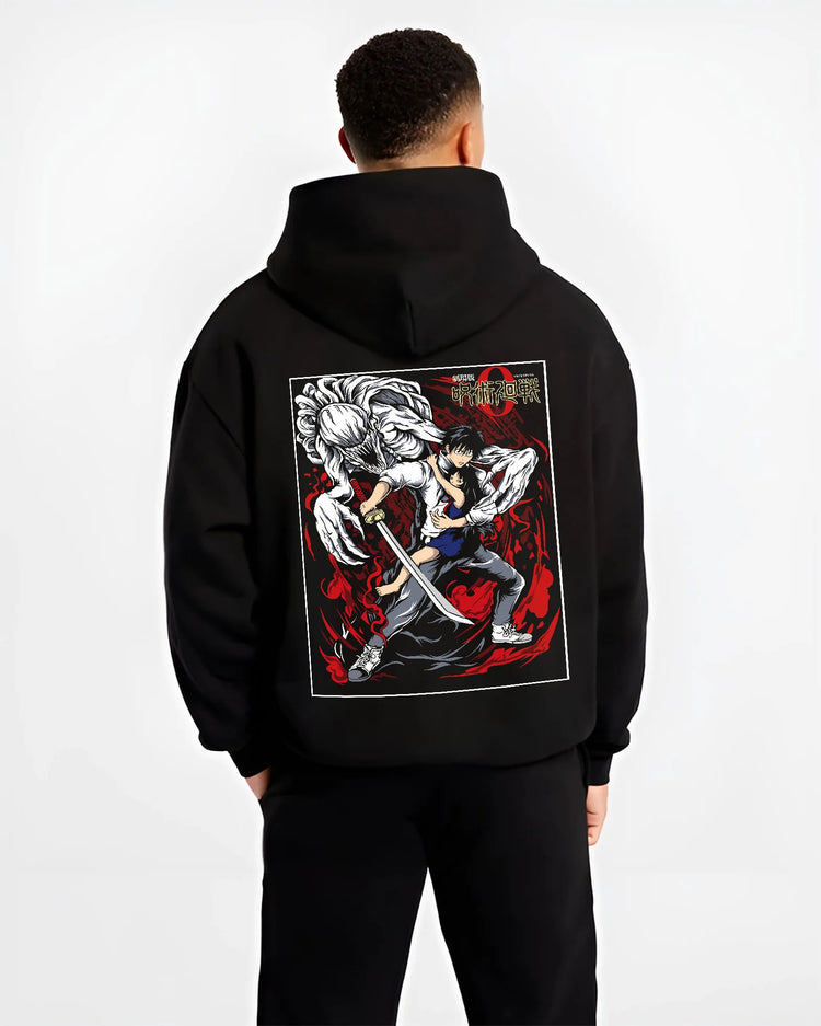 Black hoodie model back view showing Yuta Okkotsu from Jujutsu Kaisen: black-and-red swordfighter design
