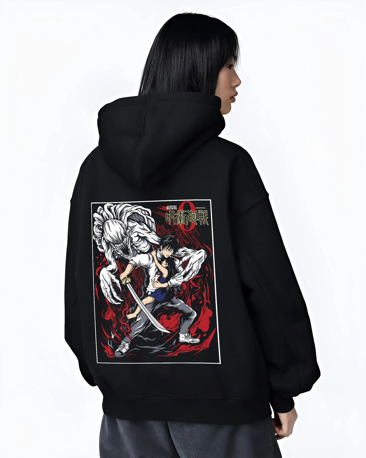 Black hoodie female model back view showing Yuta Okkotsu from Jujutsu Kaisen: black-and-red swordfighter design