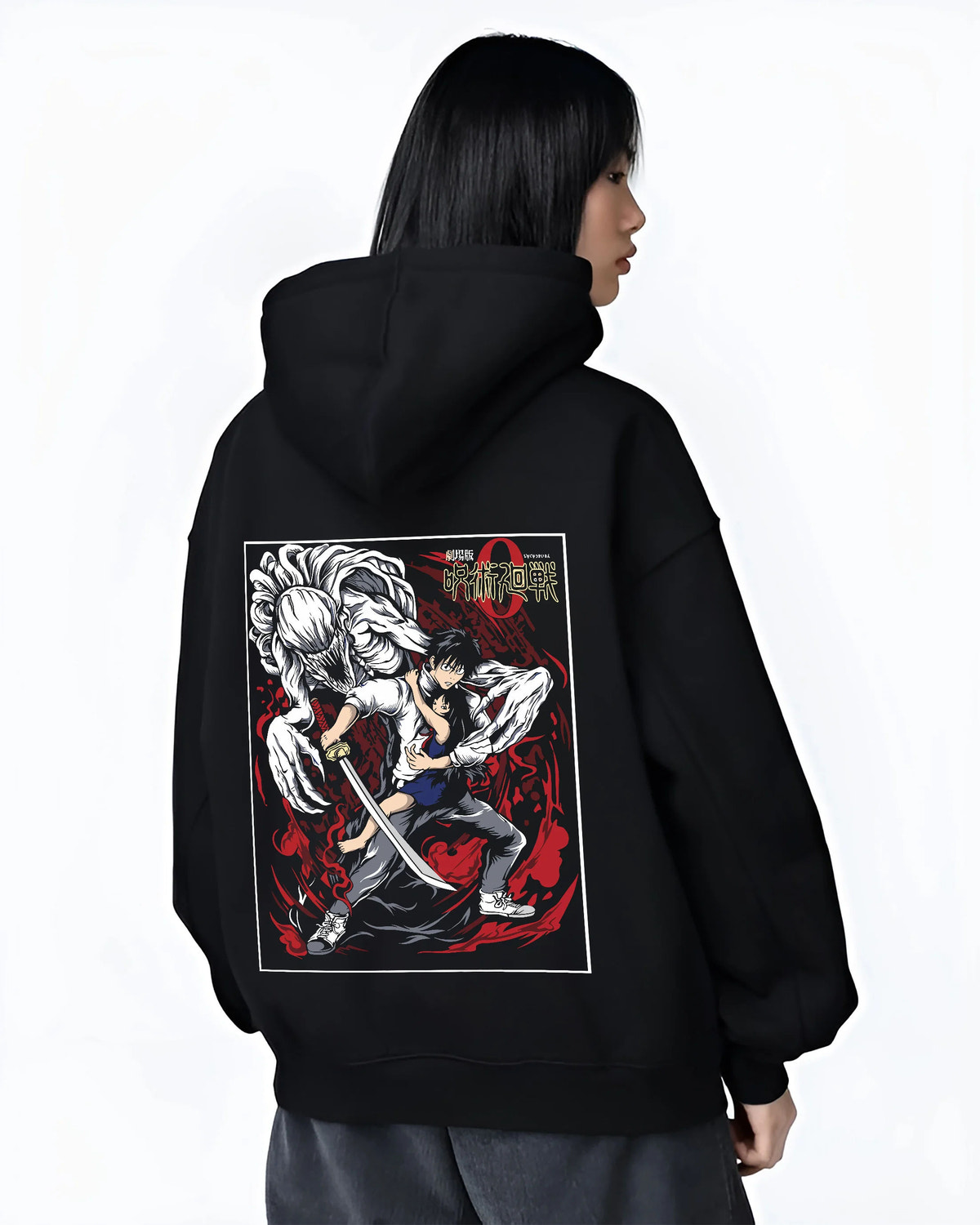 Black hoodie female model back view showing Yuta Okkotsu from Jujutsu Kaisen: black-and-red swordfighter design