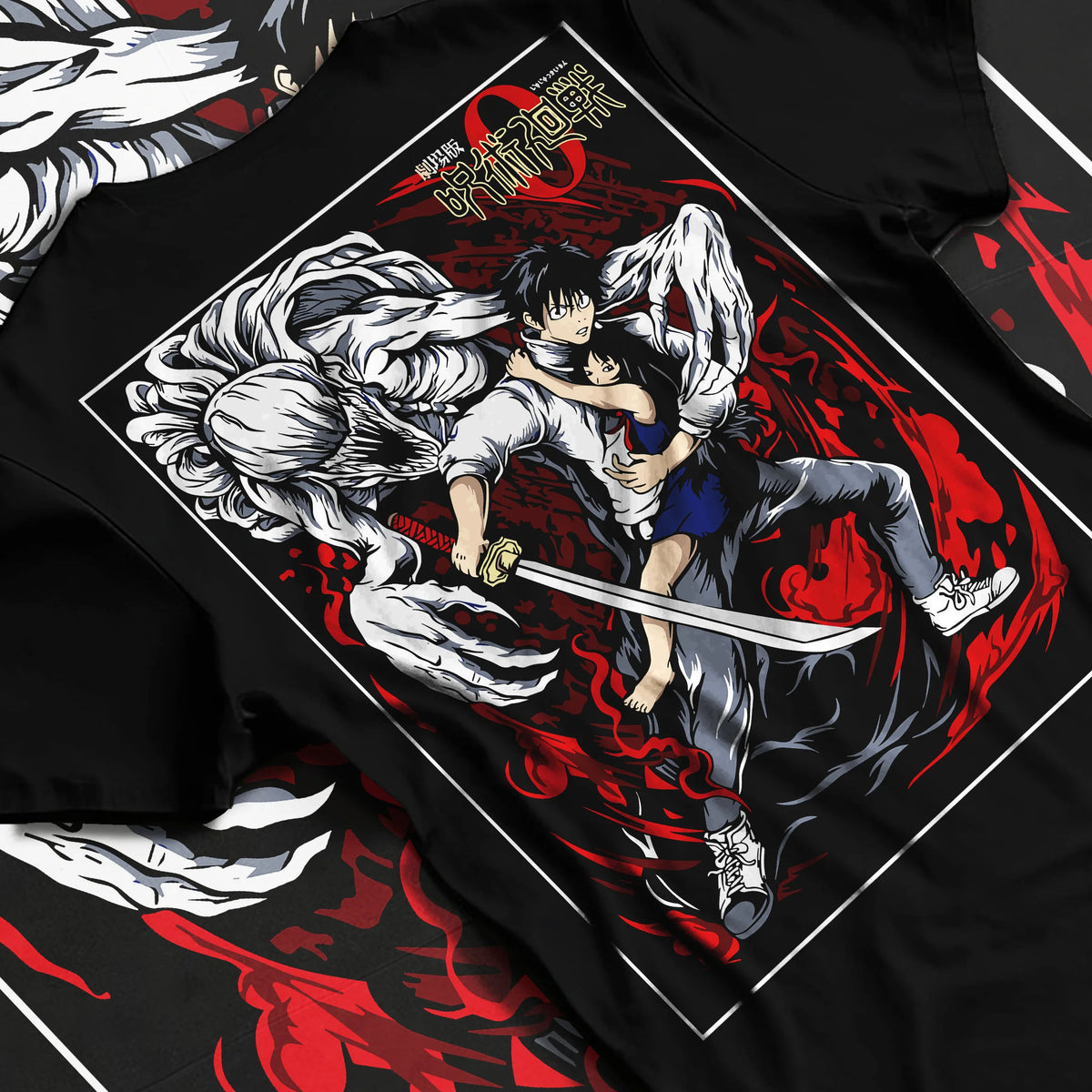 Black T-shirt flat back view showing Yuta Okkotsu from Jujutsu Kaisen: black-and-red swordfighter design