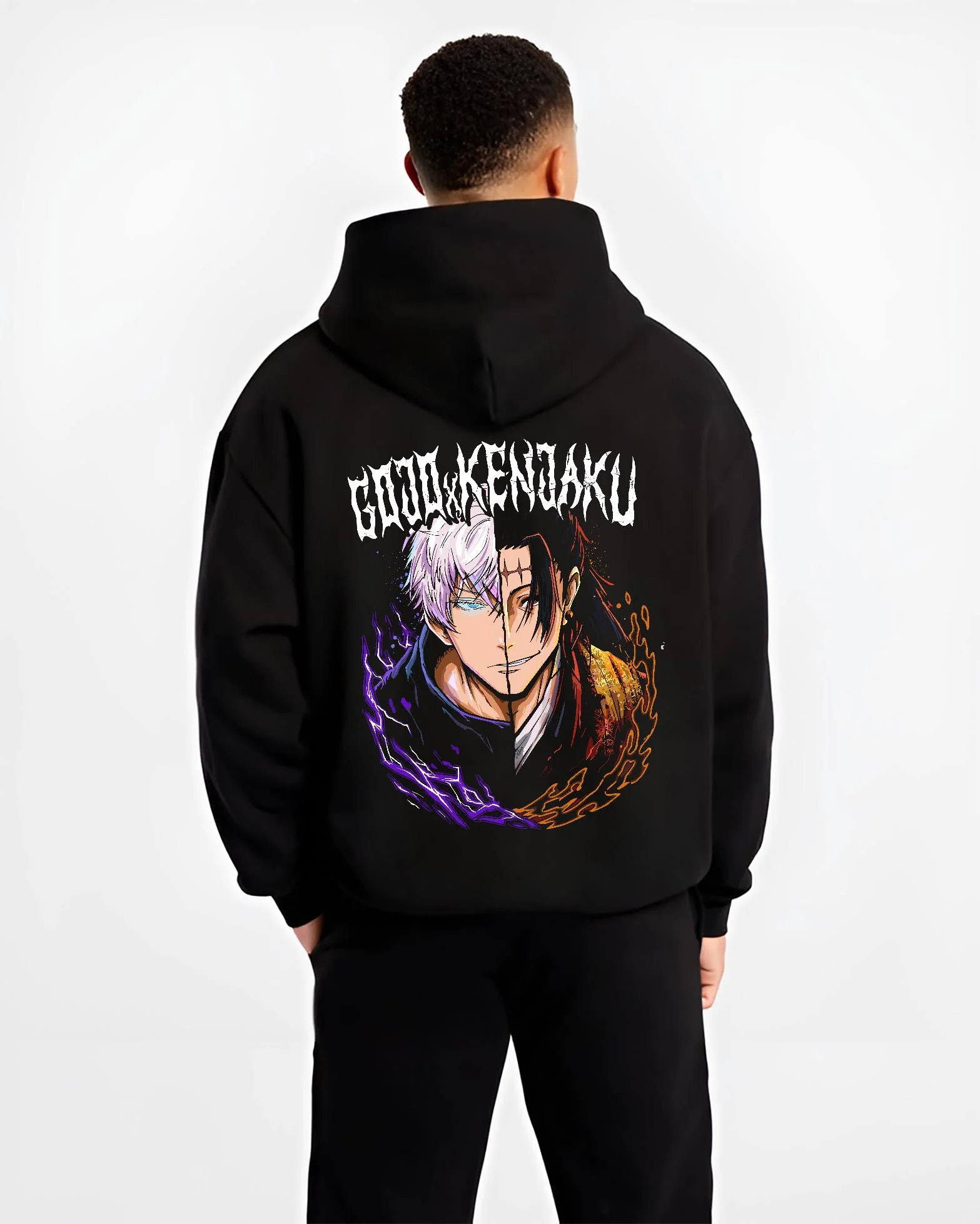 Black hoodie worn by male model, back view with Yuta Okkotsu Hoodie Jujutsu Kaisen Cursed Energy graphic premium wear.