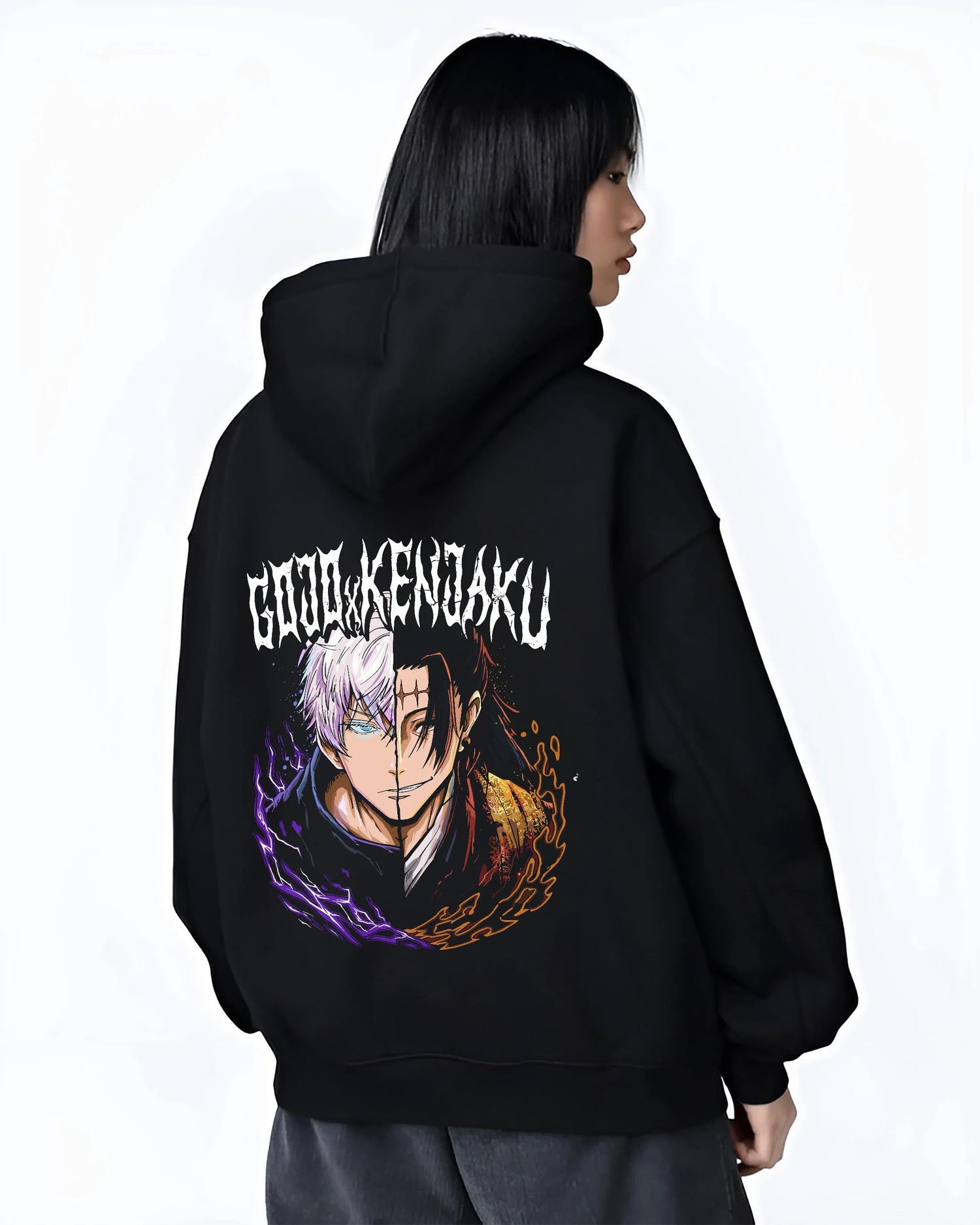 Black hoodie worn by female model, back view with Yuta Okkotsu Hoodie Jujutsu Kaisen Cursed Energy graphic bold anime graphic.