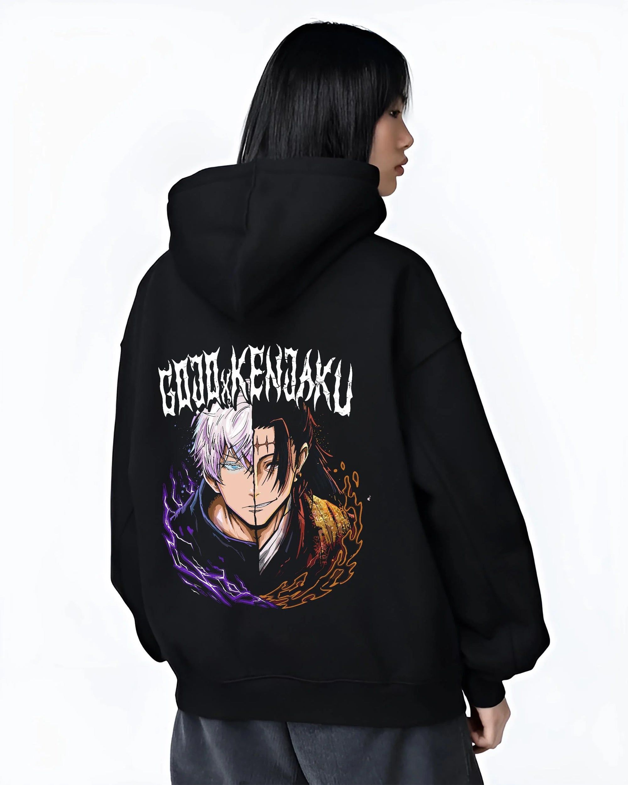 Black hoodie worn by female model, back view with Yuta Okkotsu Hoodie Jujutsu Kaisen Cursed Energy graphic bold anime graphic.