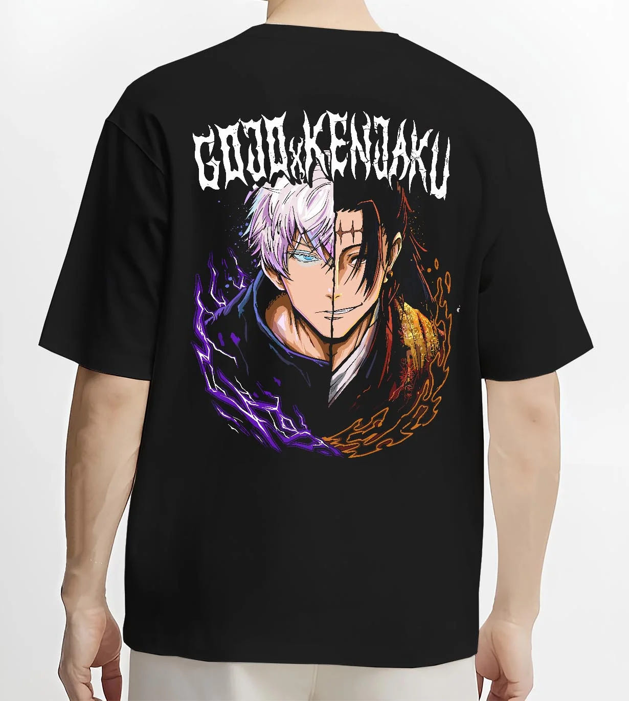 Black T-shirt worn by male model, back view with Yuta Okkotsu Hoodie Jujutsu Kaisen Cursed Energy graphic premium wear.