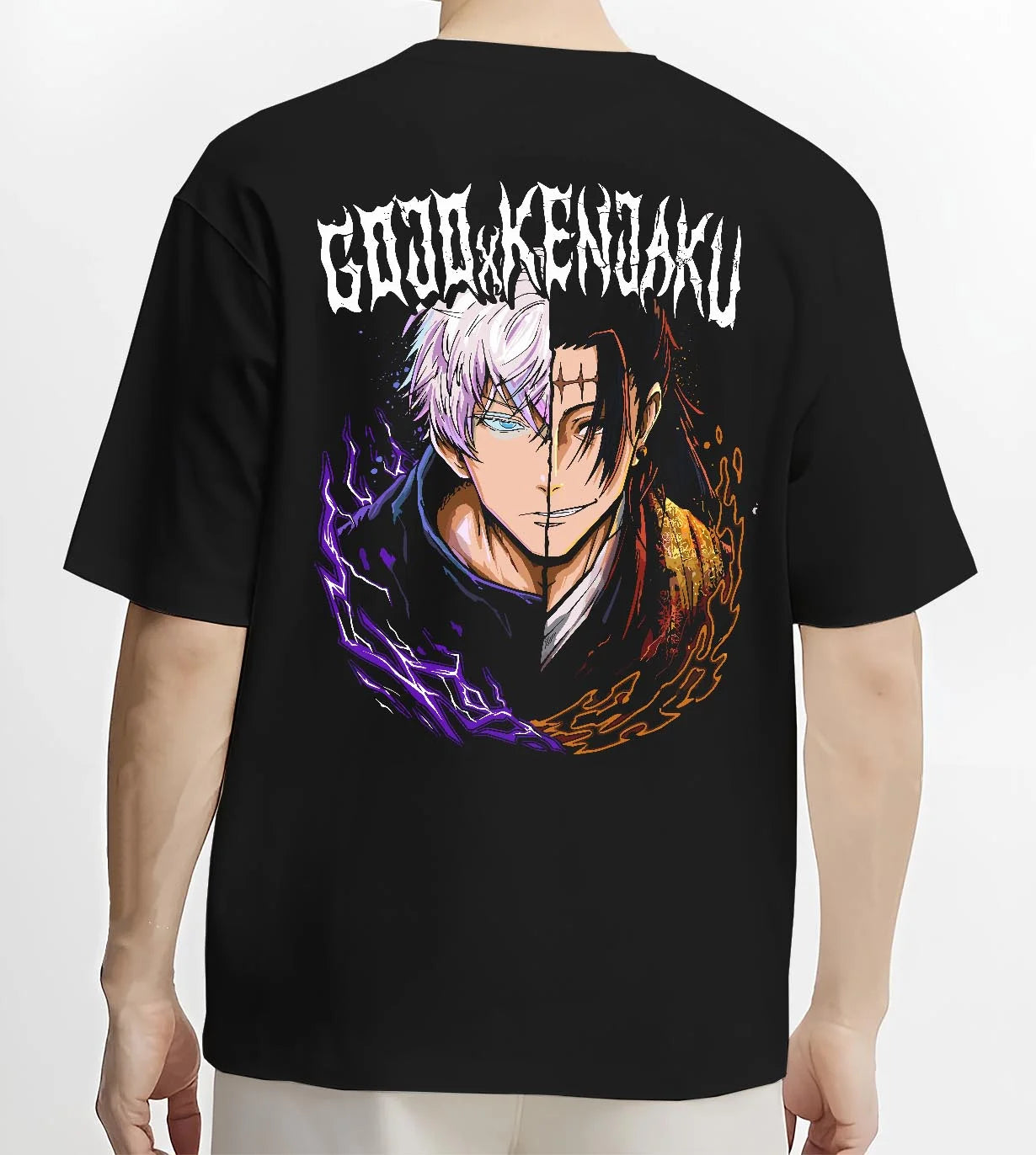 Black T-shirt worn by male model, back view with Yuta Okkotsu Hoodie Jujutsu Kaisen Cursed Energy graphic premium wear.