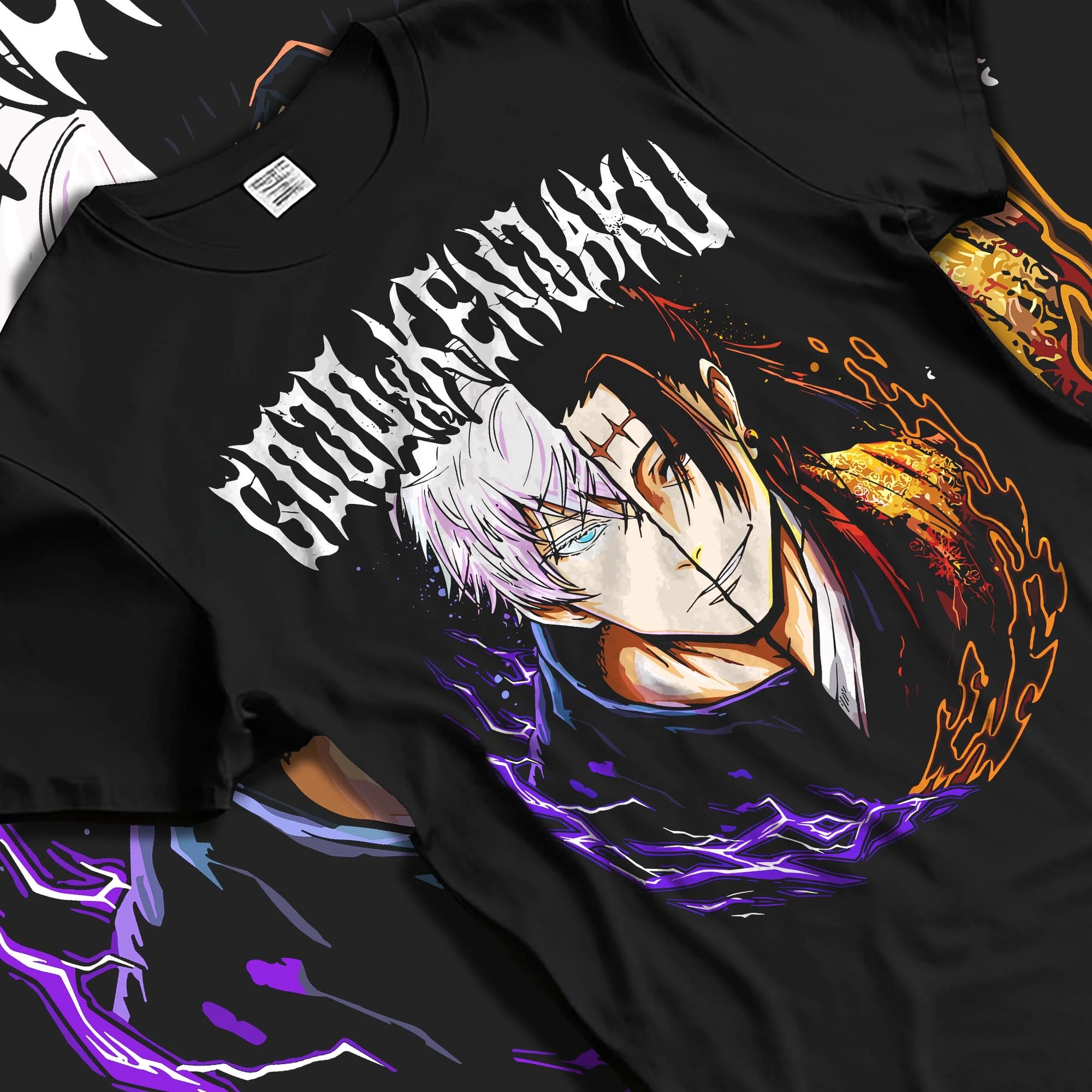 Black T-shirt laid flat with natural folds with Yuta Okkotsu Hoodie Jujutsu Kaisen Cursed Energy graphic bold anime graphic.