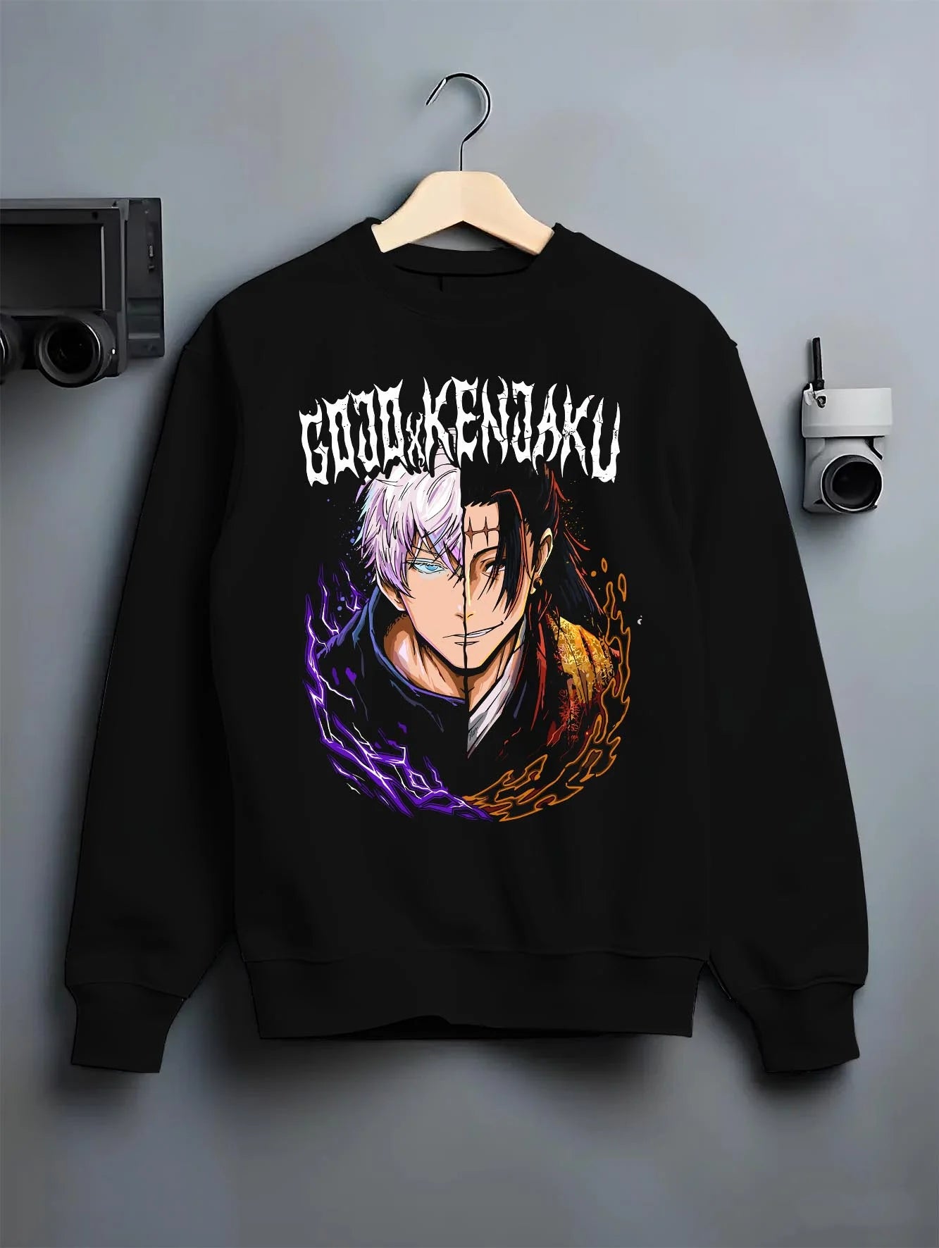 Black crewneck sweatshirt on hanger with Yuta Okkotsu Hoodie Jujutsu Kaisen Cursed Energy graphic bold anime graphic.