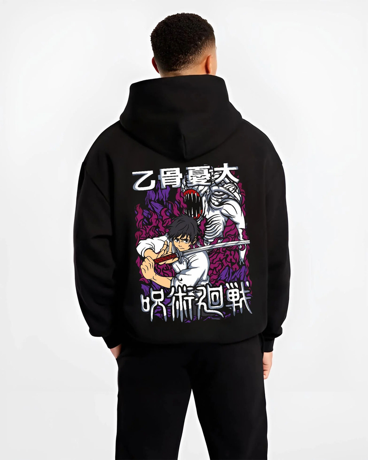 Black hoodie worn by male model from the back featuring Yuta Okkotsu sword and Rika battle Jujutsu Kaisen artwork.