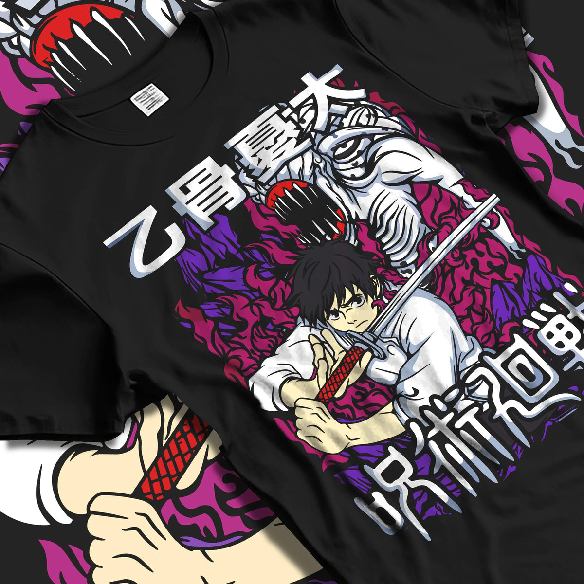 Black T-shirt laid flat with natural folds featuring Yuta Okkotsu sword and Rika battle Jujutsu Kaisen artwork.