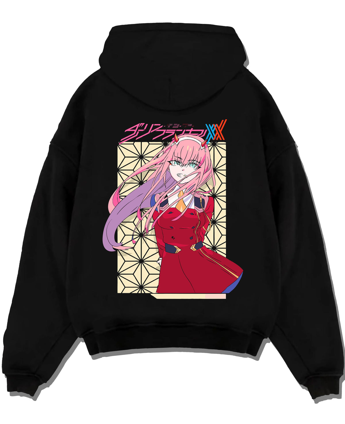 Black hoodie laid flat featuring Zero Two Oni princess portrait Darling in the Franxx artwork.