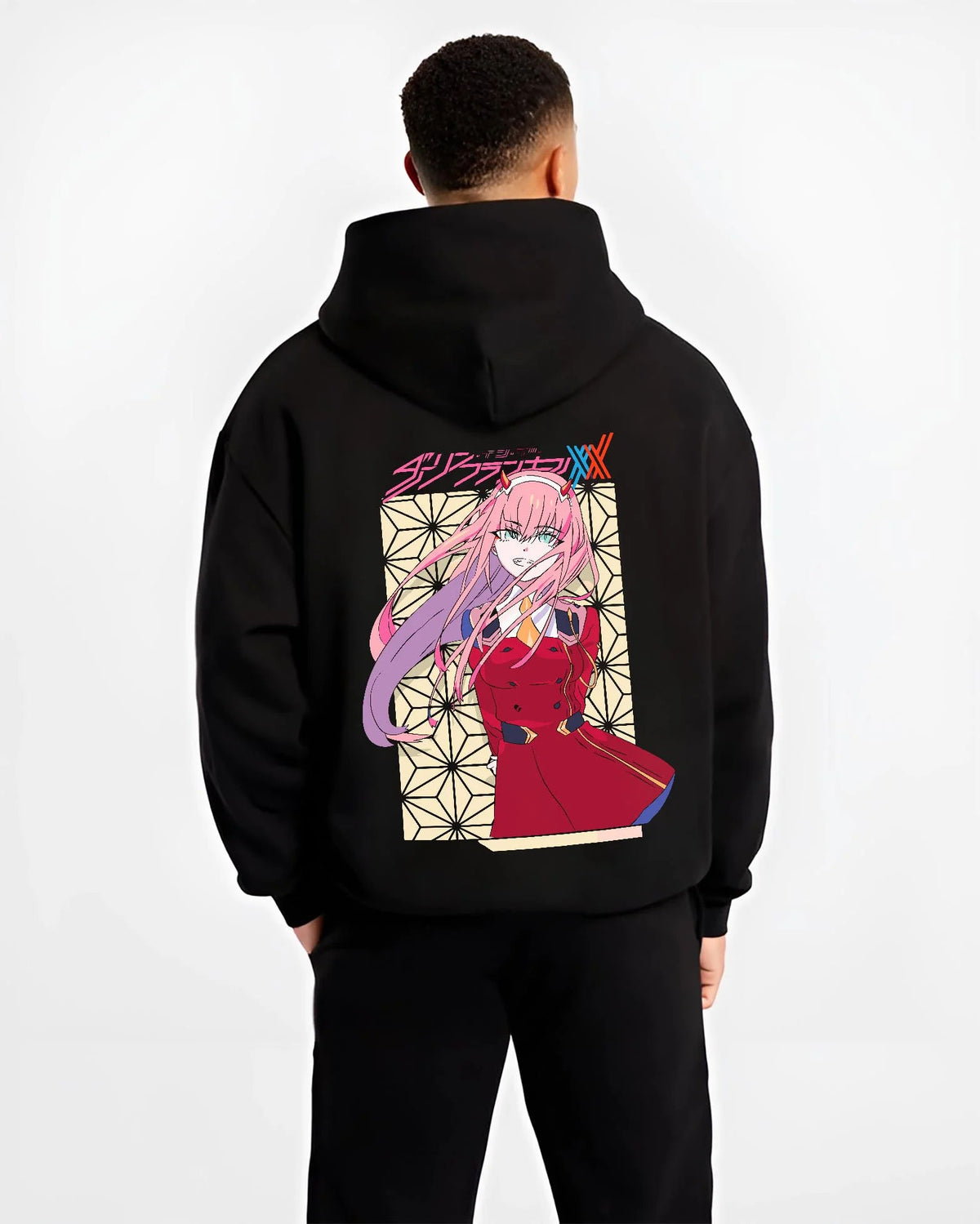 Black hoodie worn by male model from the back featuring Zero Two Oni princess portrait Darling in the Franxx artwork.