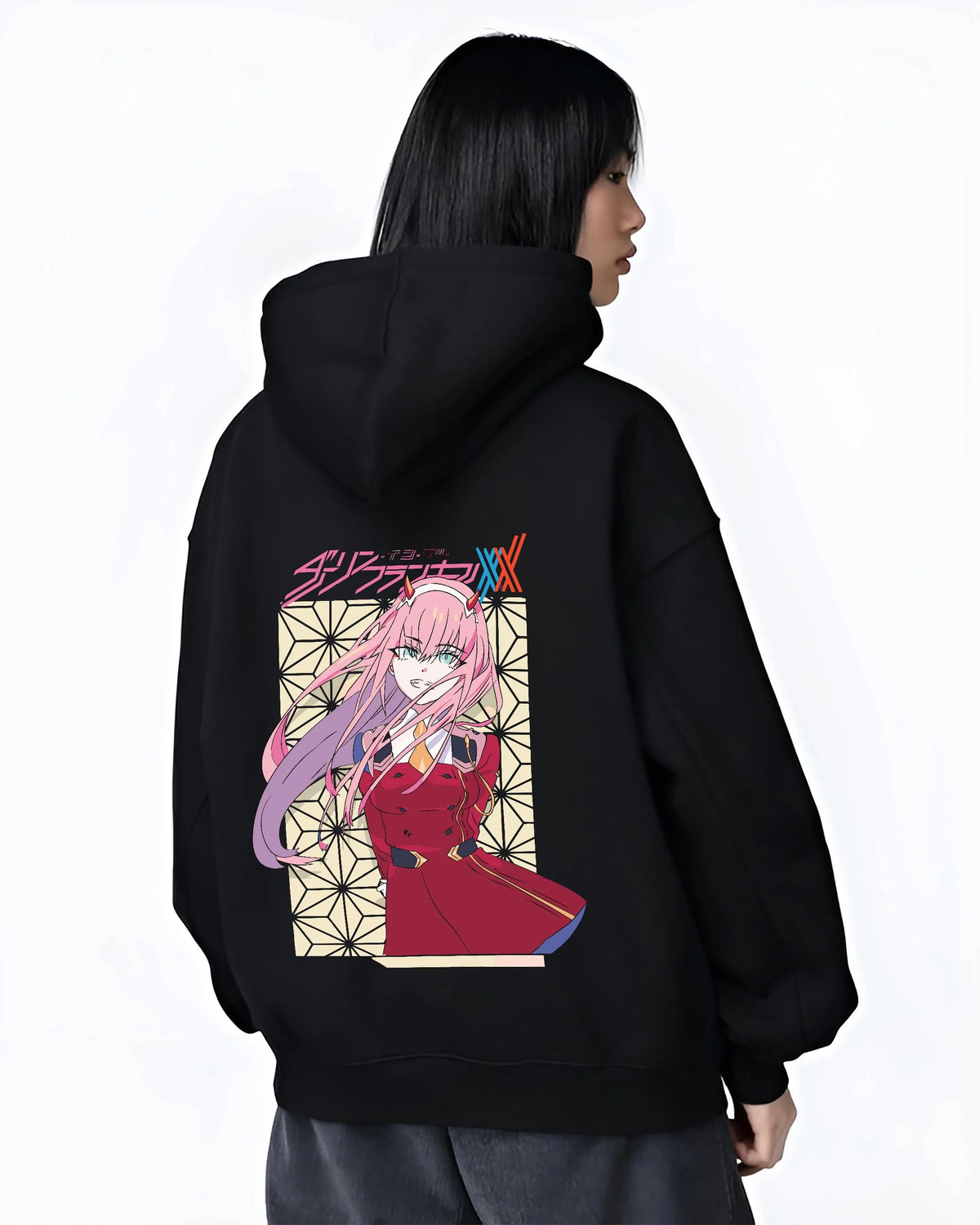Black hoodie worn by female model from the back featuring Zero Two Oni princess portrait Darling in the Franxx artwork.