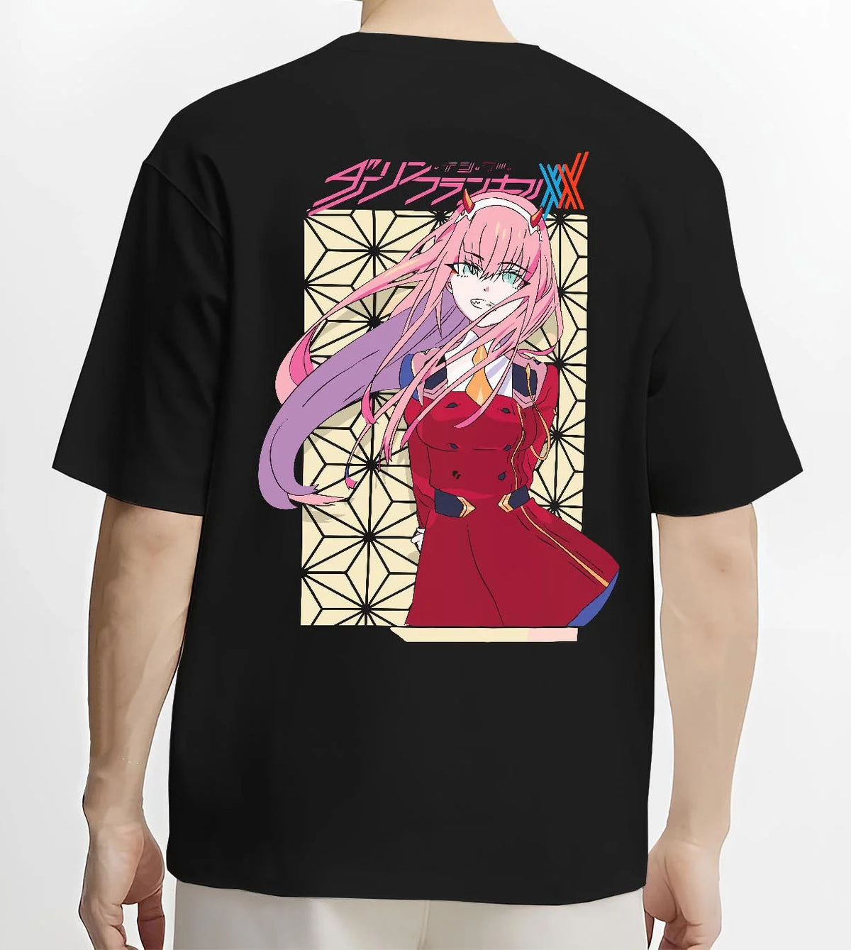 Black T-shirt worn by male model from the back featuring Zero Two Oni princess portrait Darling in the Franxx artwork.