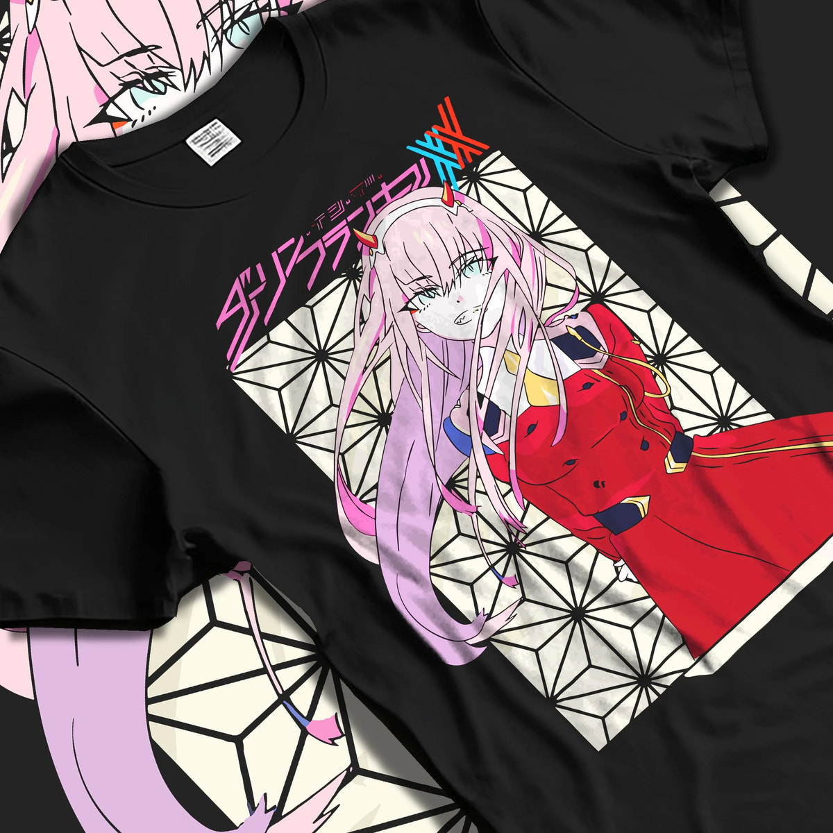 Black T-shirt laid flat with natural folds featuring Zero Two Oni princess portrait Darling in the Franxx artwork.