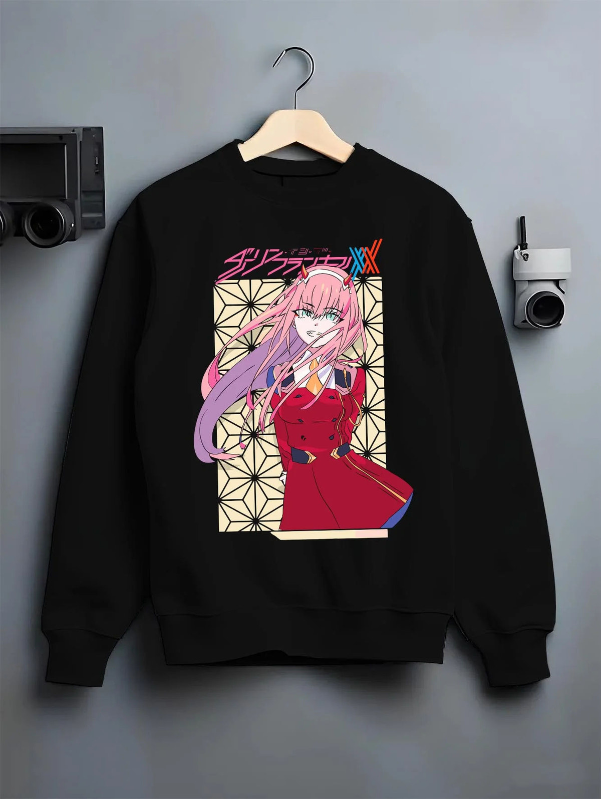 Black crewneck sweatshirt on hanger featuring Zero Two Oni princess portrait Darling in the Franxx artwork.