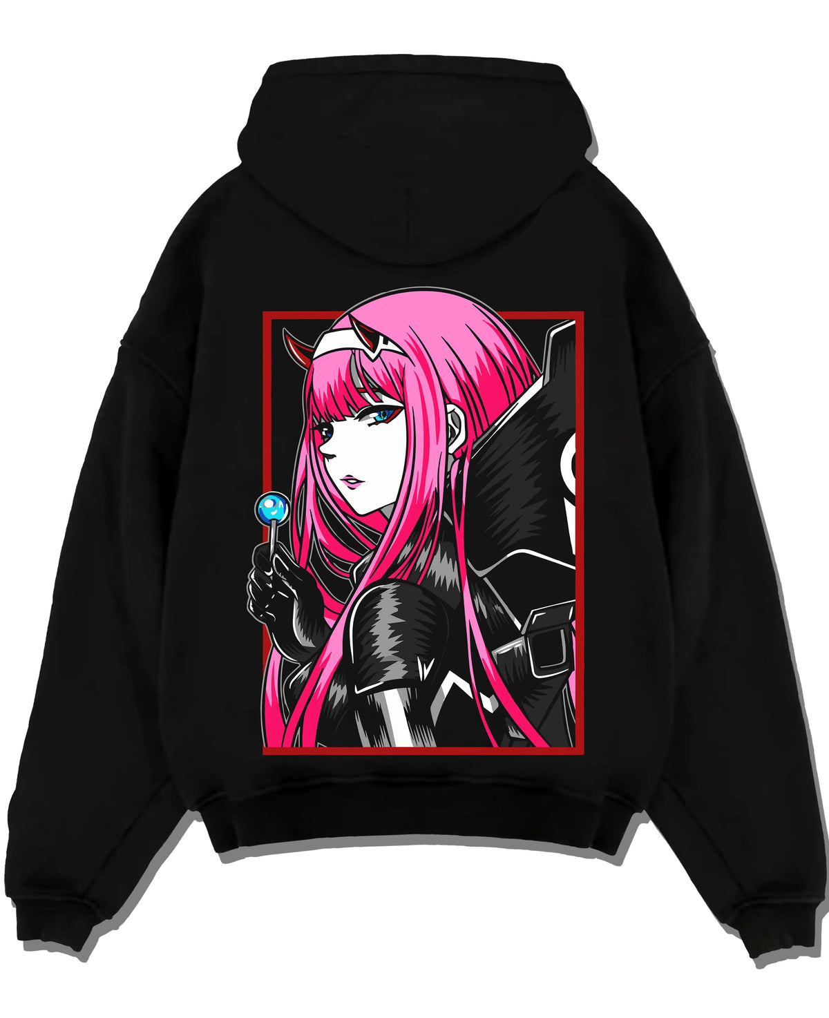 Black hoodie laid flat featuring Zero Two pink uniform portrait Darling in the Franxx artwork.